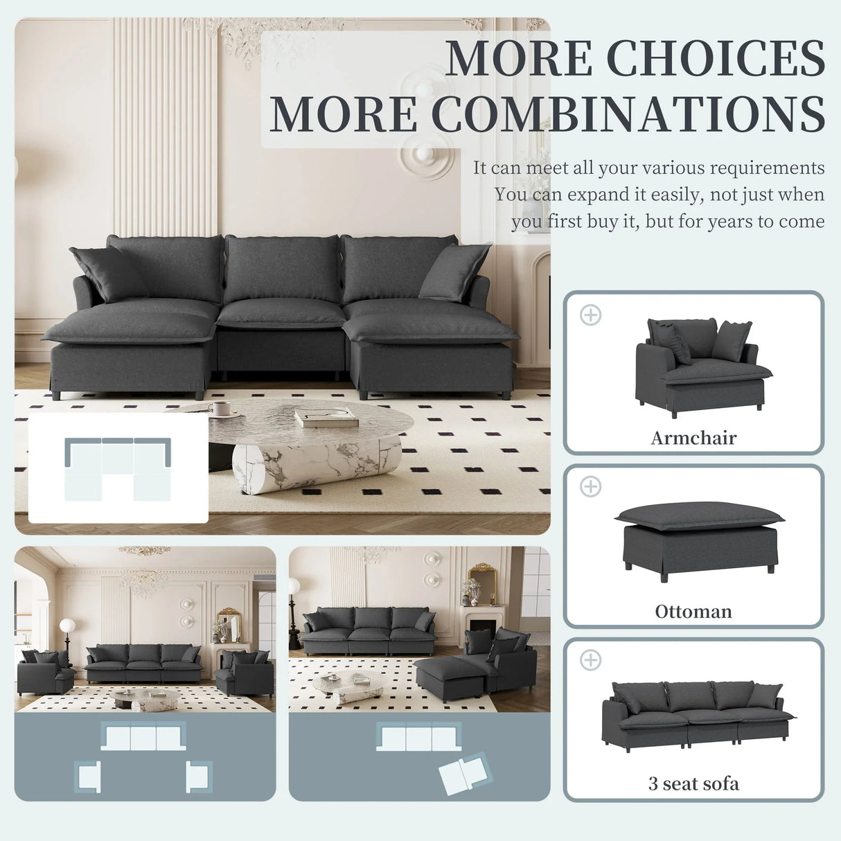 Sectional Sofa With Ottoman Cloud Couch Set With Throw Pillows, Free Combination - Furniture Home Direct