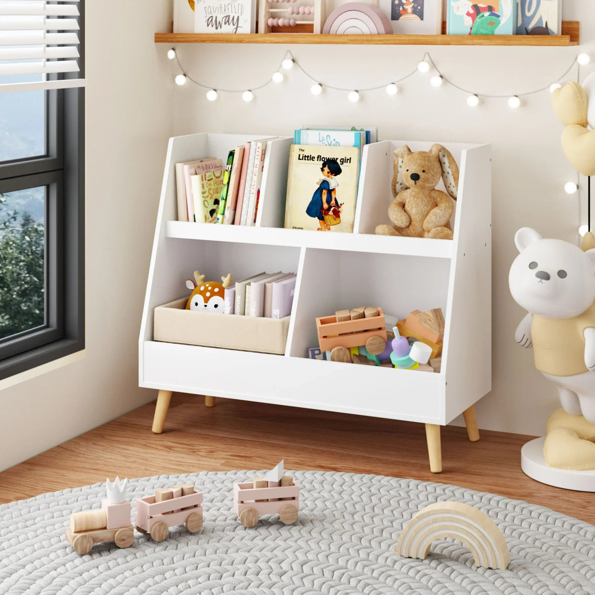 Kids Bookshelf And Toy Organizer, 5 Cubbies Wooden Open Bookcase, 2-Tier Baby Storage Display Organizer With Legs, Free Standing For Playing Room, Bedroom, Nursery, Classroom - White - Furniture Home Direct