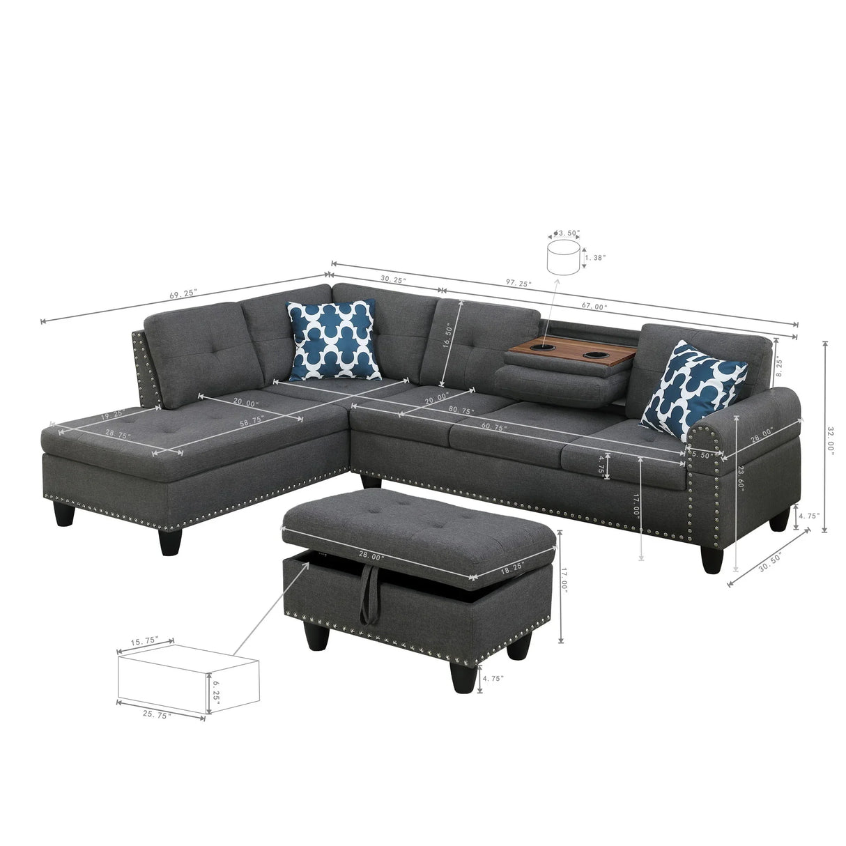 Alger - 98" Wide Left Hand Facing Sofa & Chaise With Ottoman - Furniture Home Direct