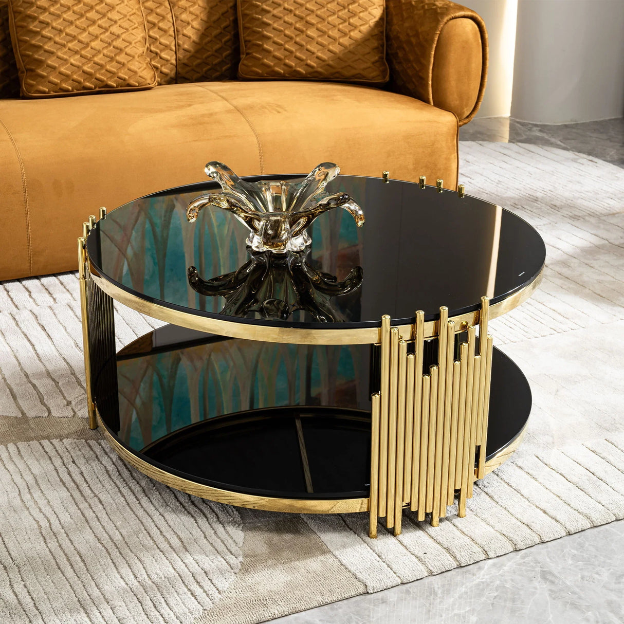 Elegant Round Table With Double Layer Tempered Glass Top And Stainless Steel Frame For Living Room - Furniture Home Direct