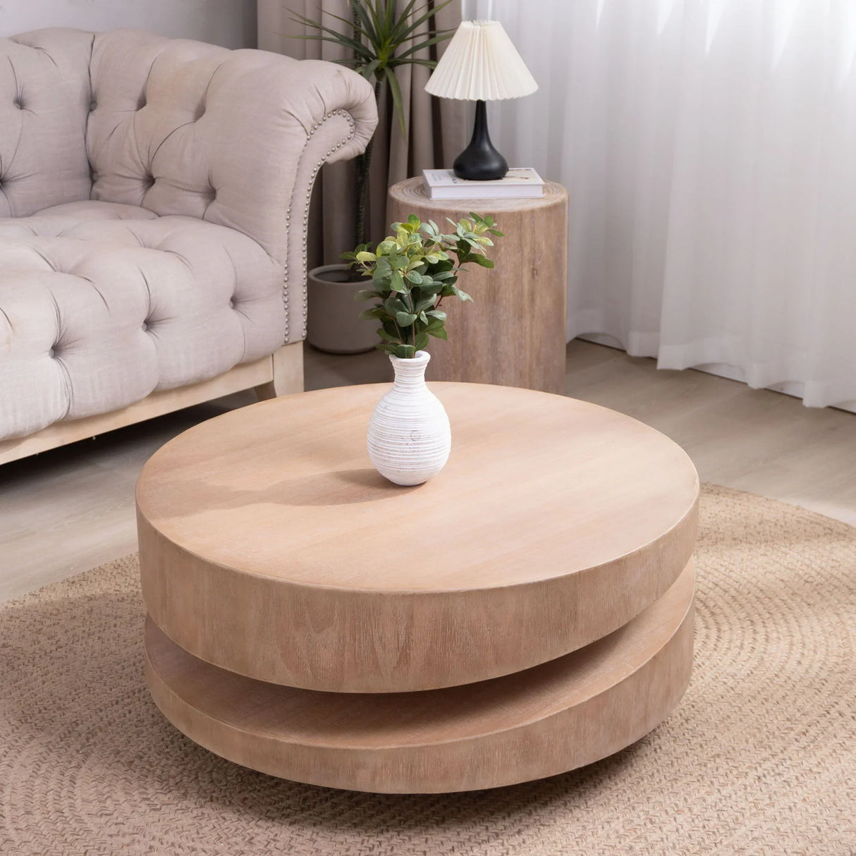 Modern Round Wood Coffee Table, Accent Table For Living Room - Antique Natural / Natural / Rustic - Furniture Home Direct