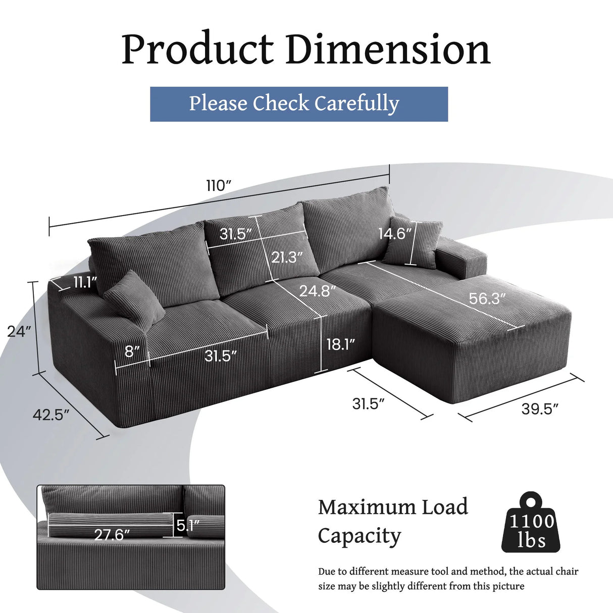 L Shaped Sectional Sofa, Full Compression 3 Seater Cloud Couch With Chaise - Furniture Home Direct