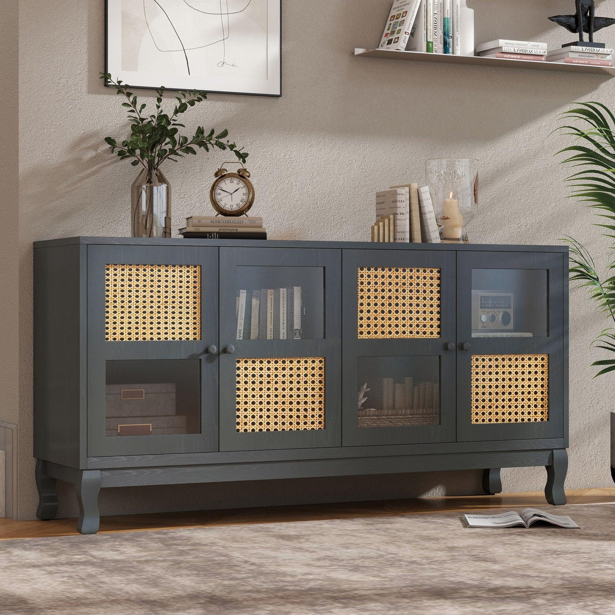 Retro Industrial 4 Door Sideboard With Large Storage, Rattan And Glass Doors - Furniture Home Direct