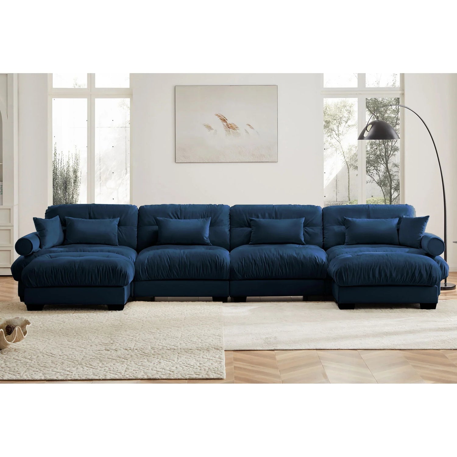 Modern Sectional Sofa With Ottoman, Round Bolster Armrests, Waist And Throw Pillows - Furniture Home Direct