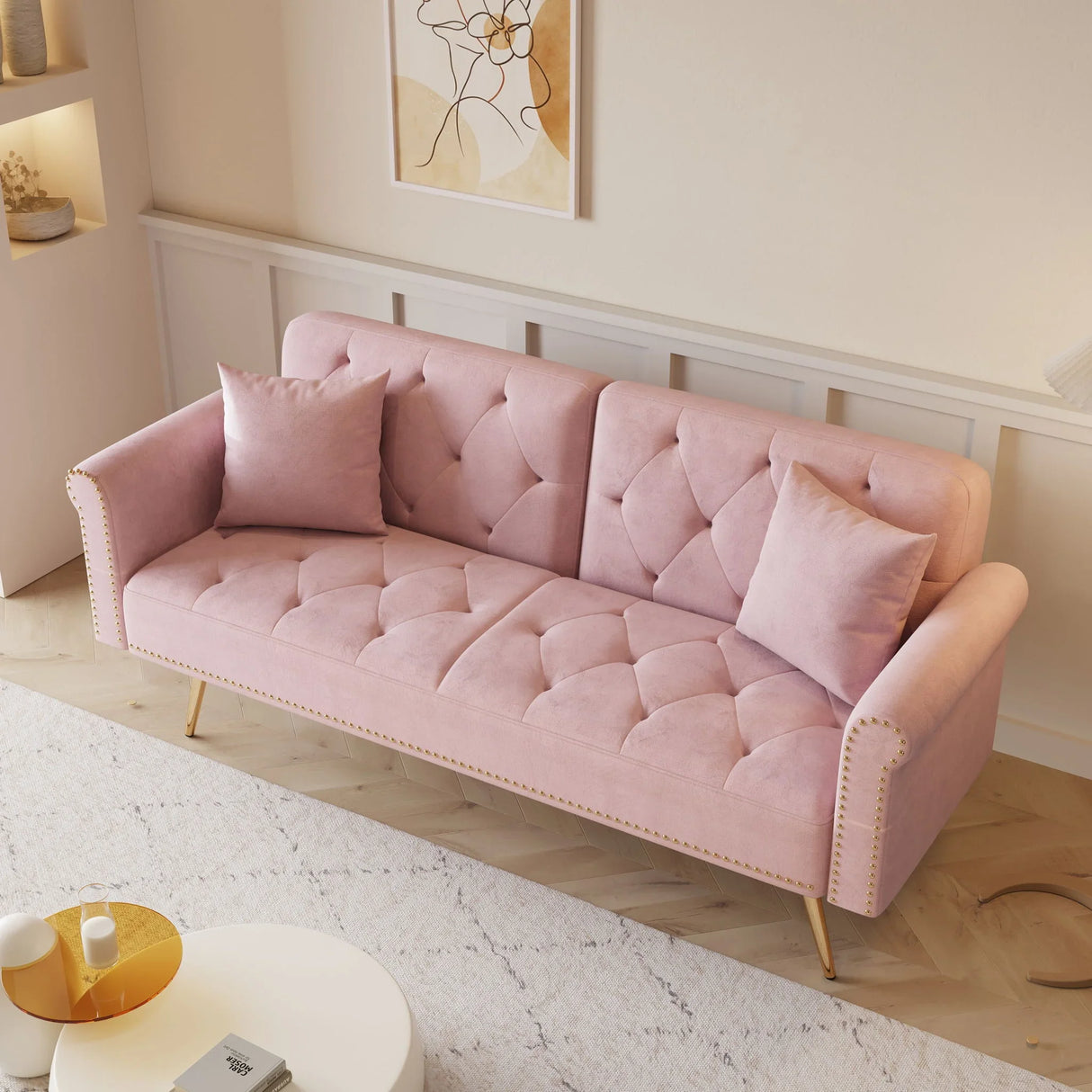 Luxurious Velvet Sofa Bed With Nail Head Trim And Matching Pillow - Furniture Home Direct