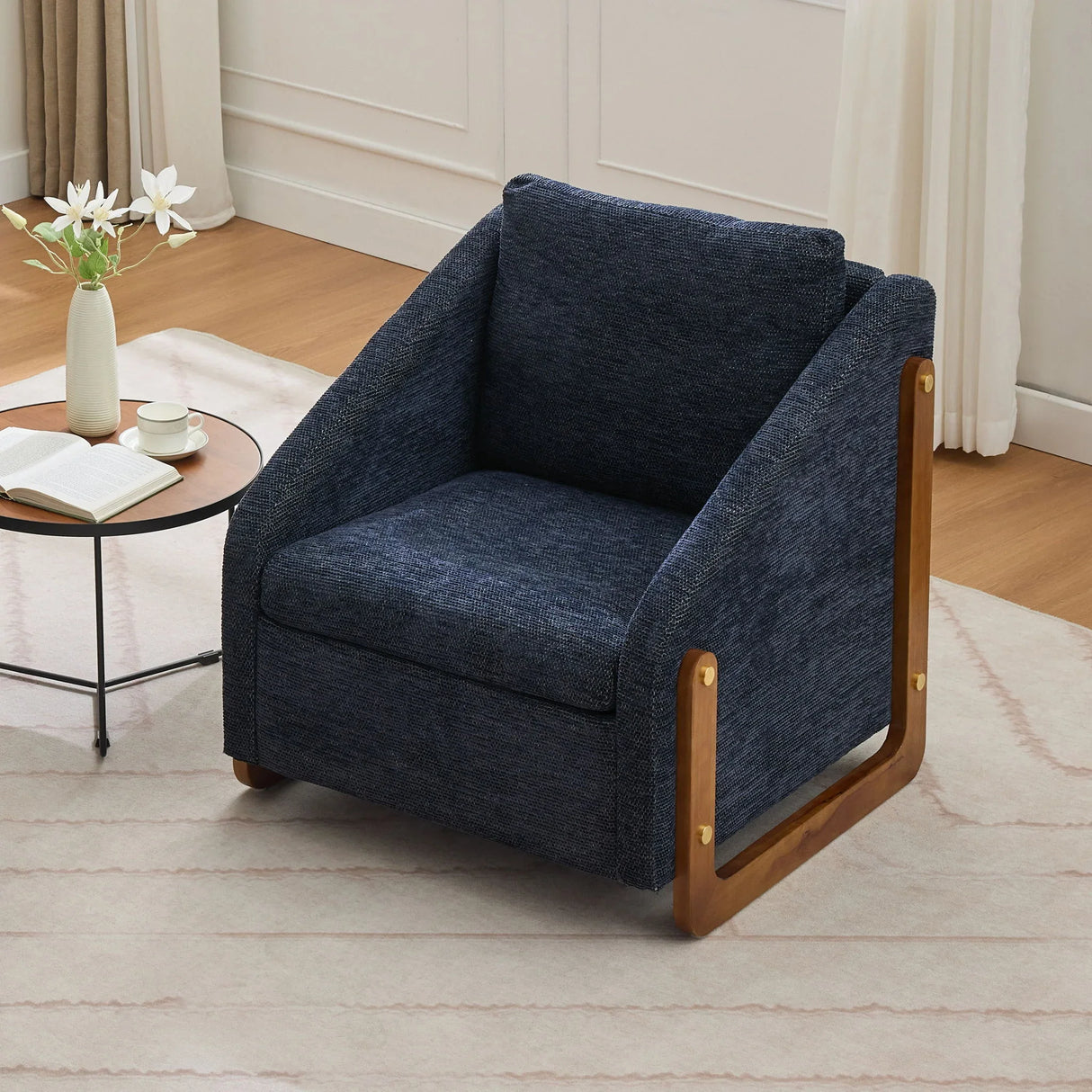 Modern Chenille Upholstered Armchair With Wooden Side Frame - Furniture Home Direct