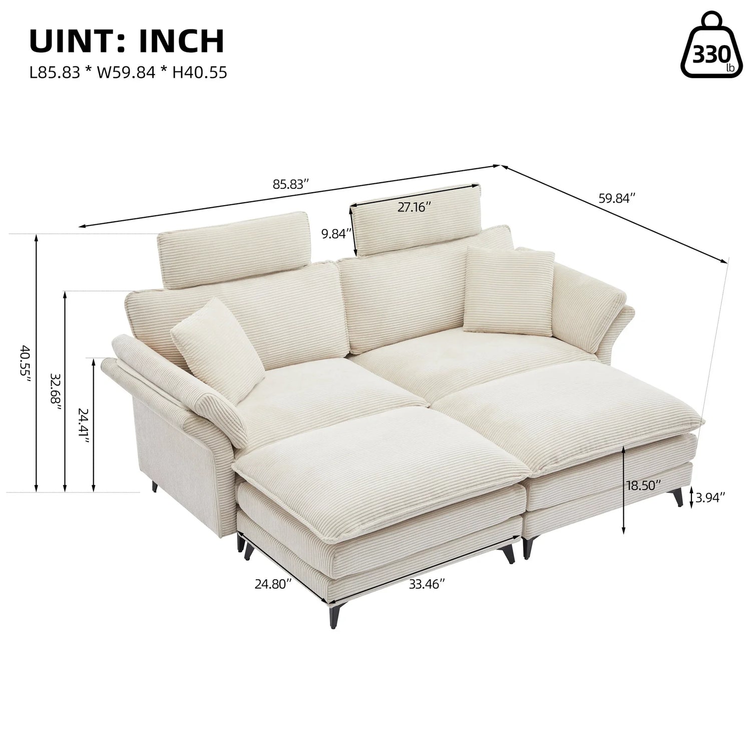 Modern Corduroy Deep Seat Sectional Sofa With Ottoman - Furniture Home Direct