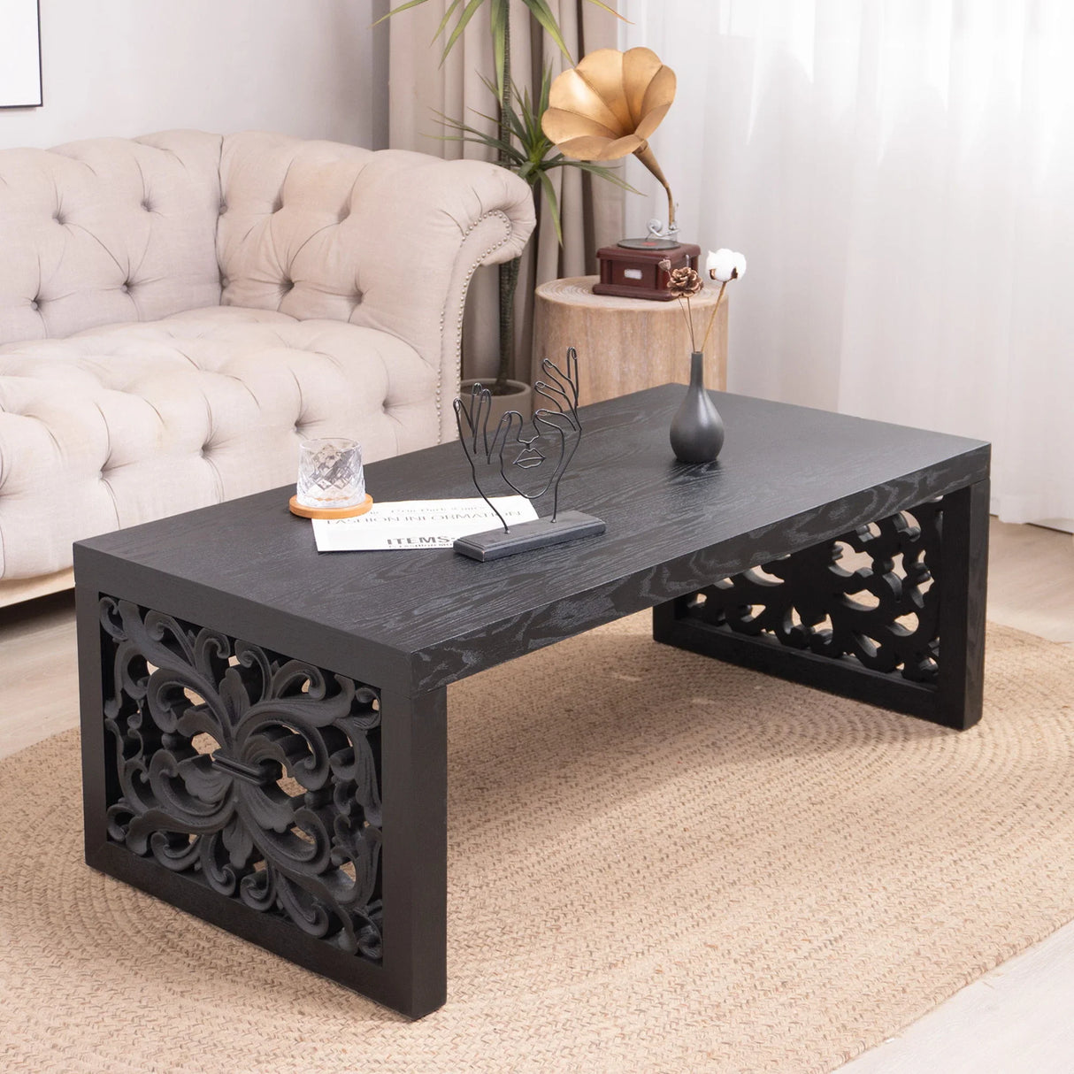 Rustic Carved Wood Coffee Table, Handcrafted Look With Ornate Side Panels - Furniture Home Direct