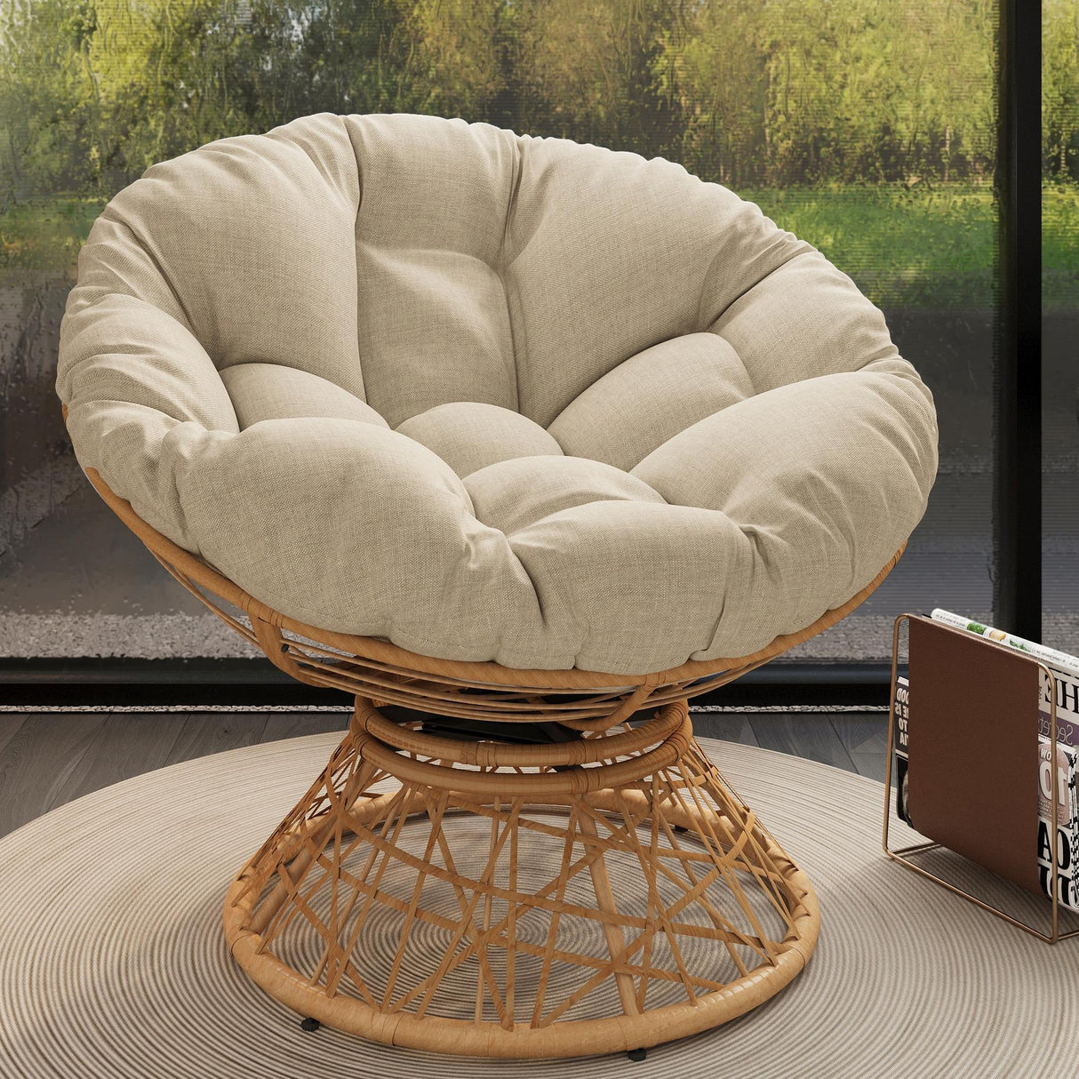 Ergonomic Wicker Chair With Cloud Thick Density Cushion, 3 Proof Cover High Capacity Iron Frame Fluid 360° Swivel - Furniture Home Direct