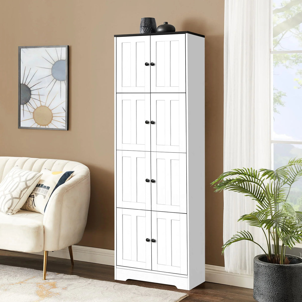 Tall Storage Cabinet With 8 Doors And 4 Shelves, Wall Storage Cabinet For Living Room, Kitchen, Office, Bedroom, Bathroom - Furniture Home Direct