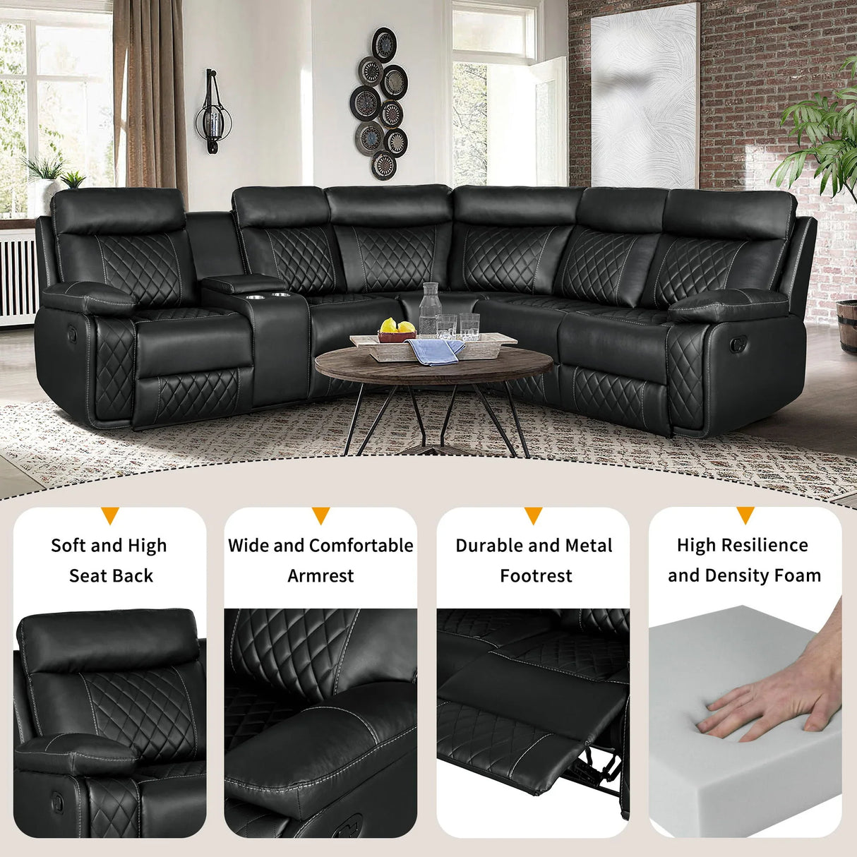 Home Theater Seating Manual Recliner With Cup Holder, Hide - Away Storage PU Reclining Sofa For Living Room, Home Theater - Furniture Home Direct