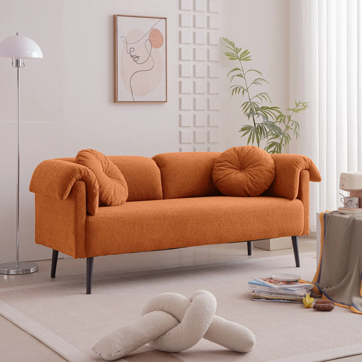 Modern Lamb Wool Sofa With Decorative Throw Pillows For Small Spaces - Furniture Home Direct