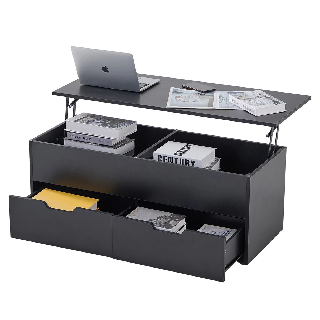 Lift-Top Coffee Table With Storage Center Tables Hidden Compartment & 2 Drawers, Sofa Table For Living Room - Black - Furniture Home Direct