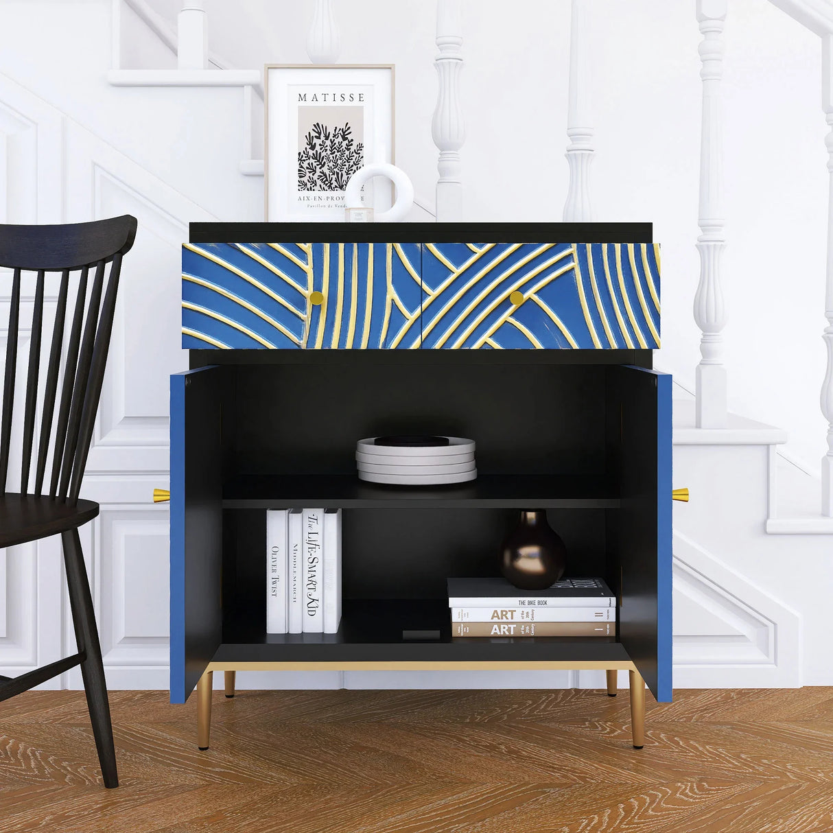 Accent Cabinet With Blue Panels Lacquered Black and Blue - Furniture Home Direct