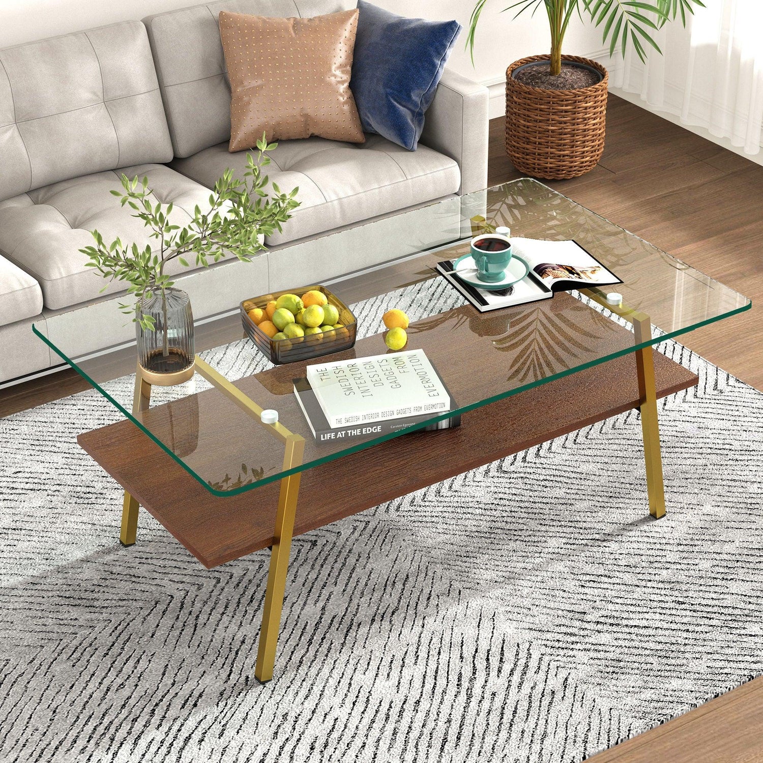 Rectangle Coffee Table, Tempered Glass Tabletop With Metal Legs, Modern Table For Living Room - Furniture Home Direct
