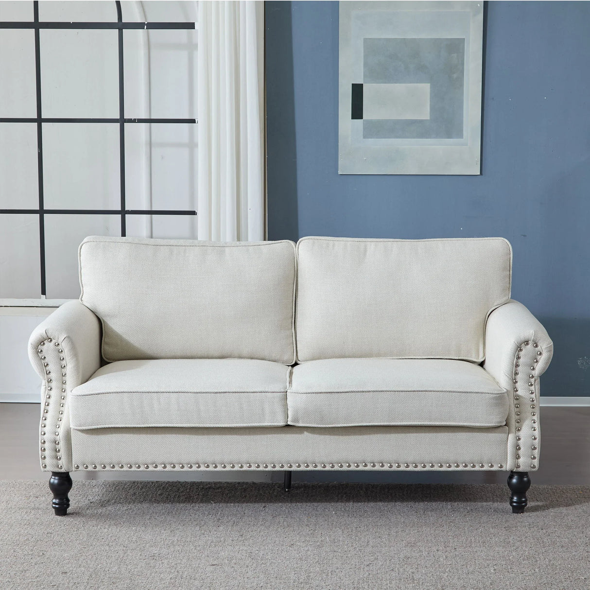 Rolled Arm Sofa With Nailhead Trim With Wooden Legs - Furniture Home Direct