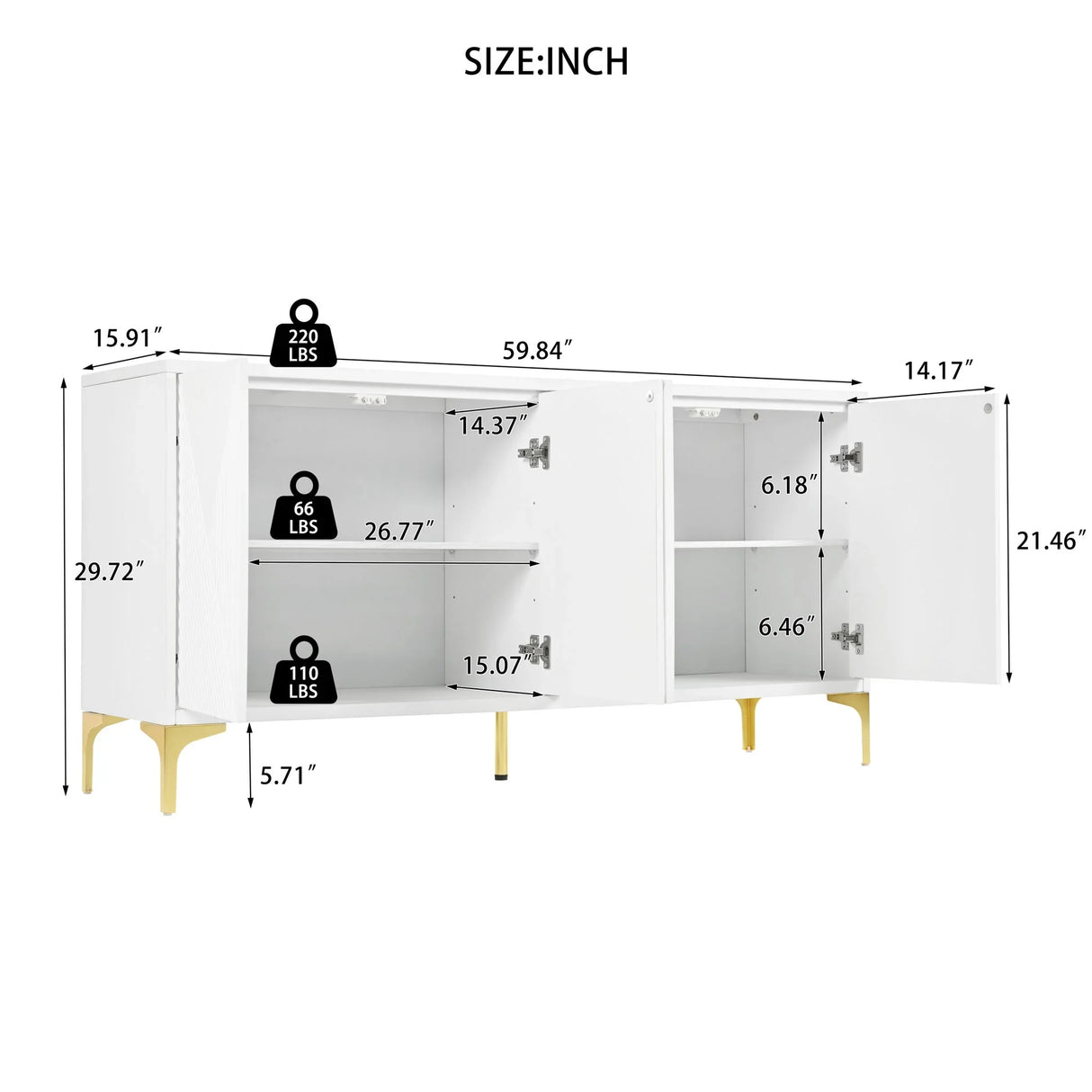 Modern Wood Sideboard Cabinet With Carved Door Panels, Adjustable Shelves, And Sturdy Metal Legs - Furniture Home Direct