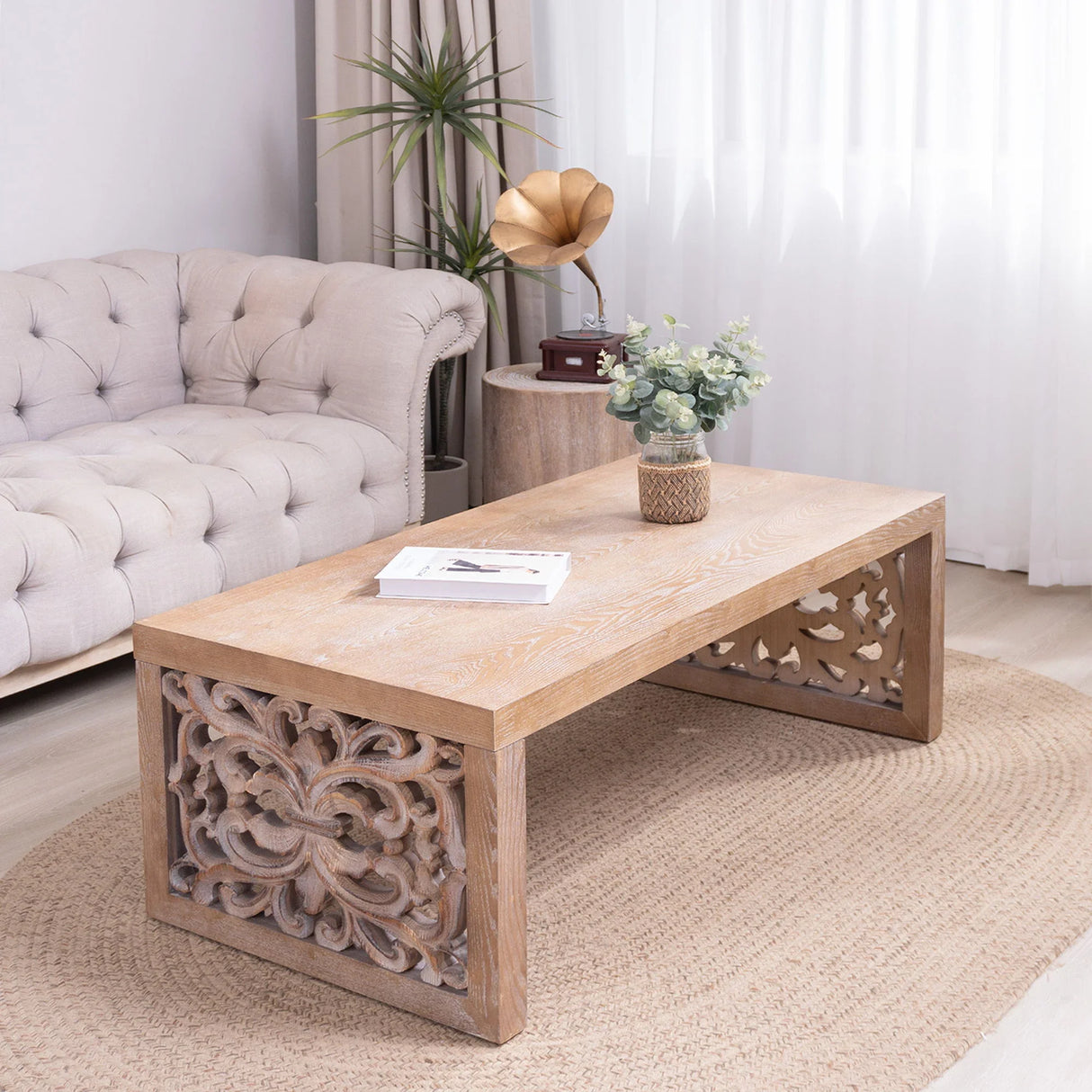Rustic Carved Wood Coffee Table, Handcrafted Look With Ornate Side Panels - Furniture Home Direct