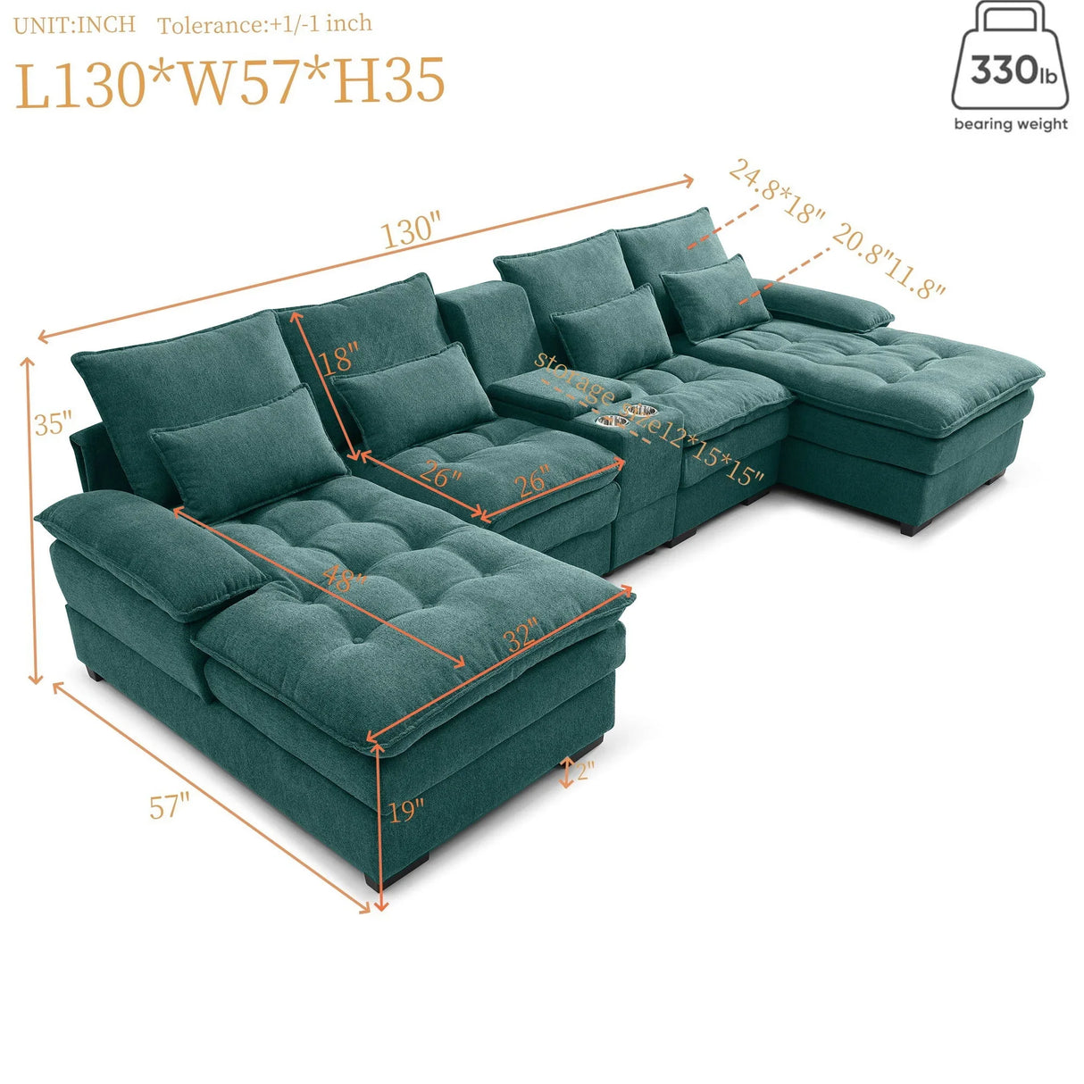 U Shaped Sofa With Console And Cupholders, 6 Seat - Furniture Home Direct