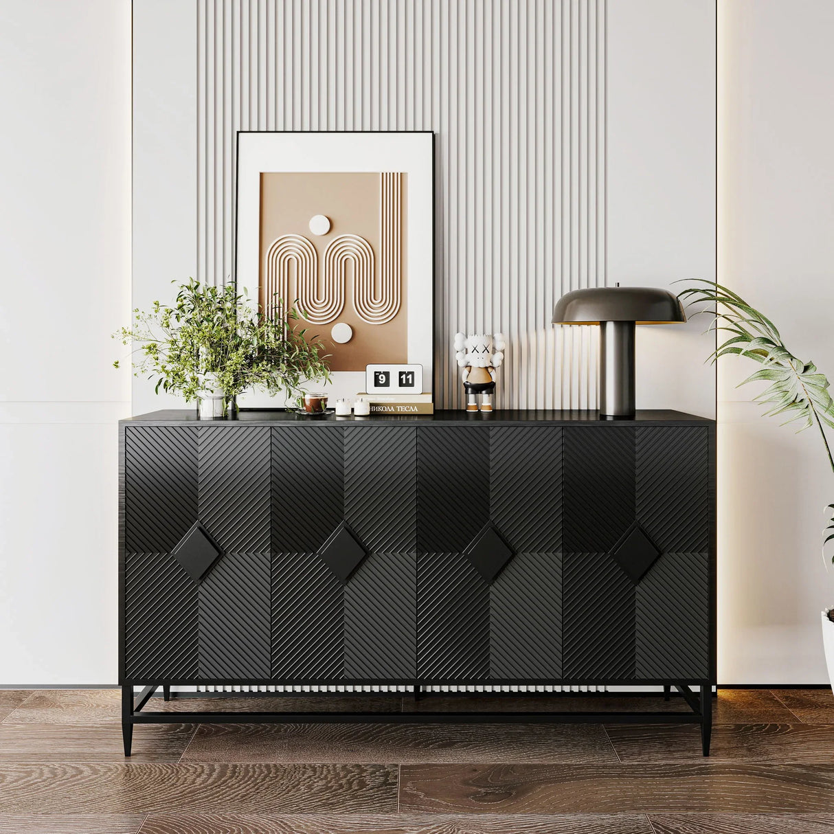 Accent Lacquered 4 Door Wooden Cabinet Sideboard Buffet Server Cabinet Storage Cabinet, For Living Room, Entryway, Hallway, Office, Kitchen And Dining Room - Matte Black - Furniture Home Direct