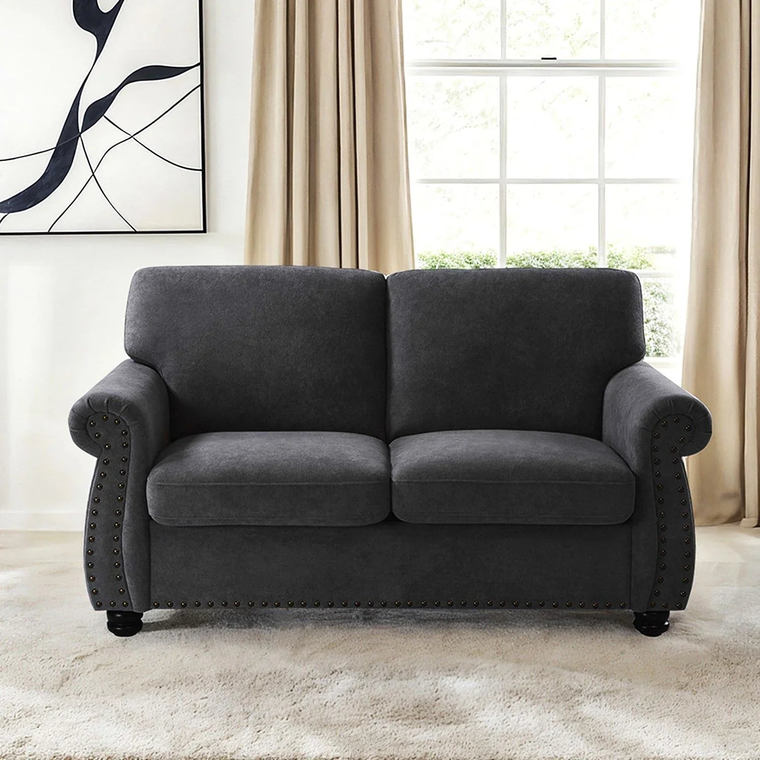 Soft Loveseat, Upholstered 2 Seater Couch, Loose Back Cushions And Turned Legs - Furniture Home Direct