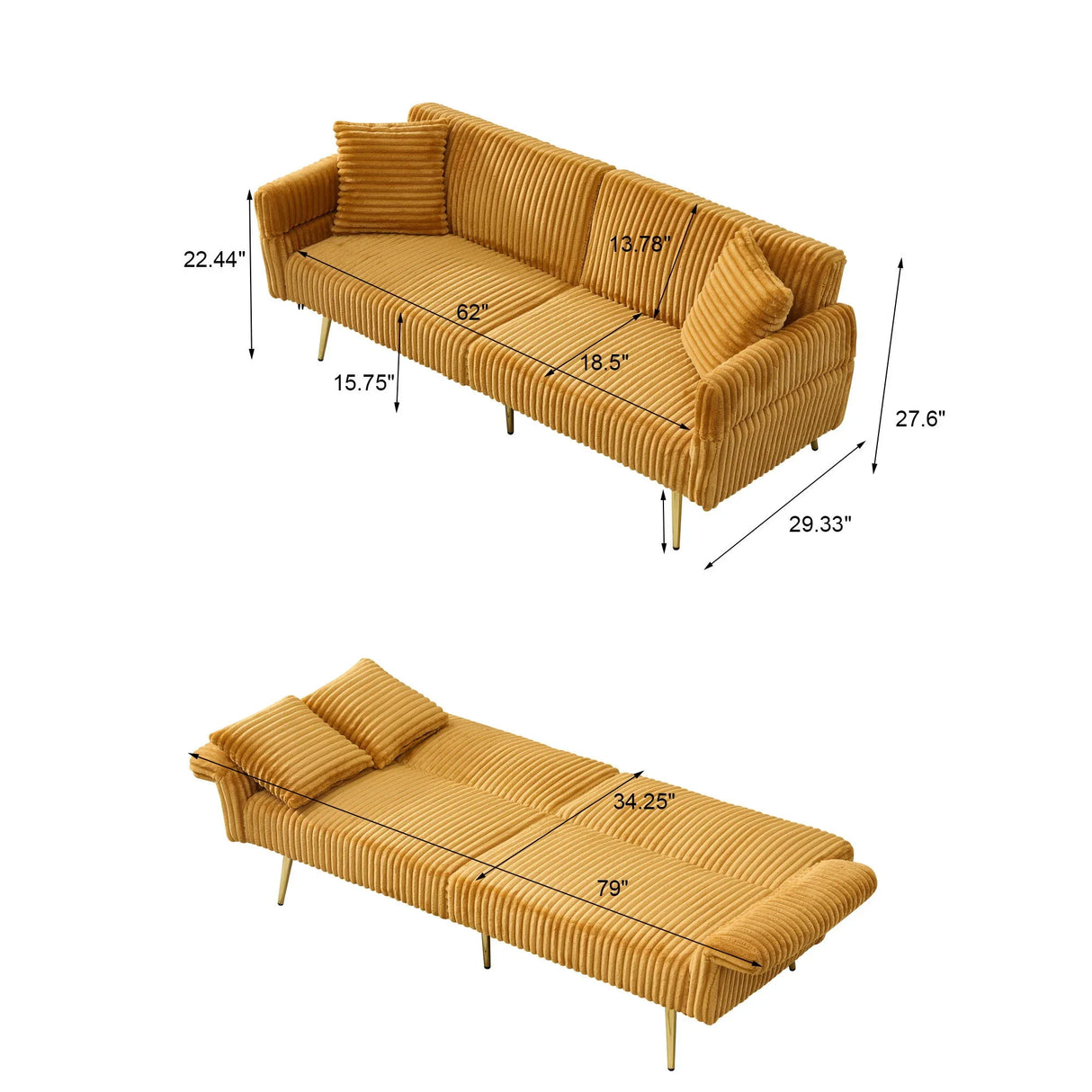 Luxury Corduroy Foldable Double Sofa Bed With Folding Armrests - Furniture Home Direct