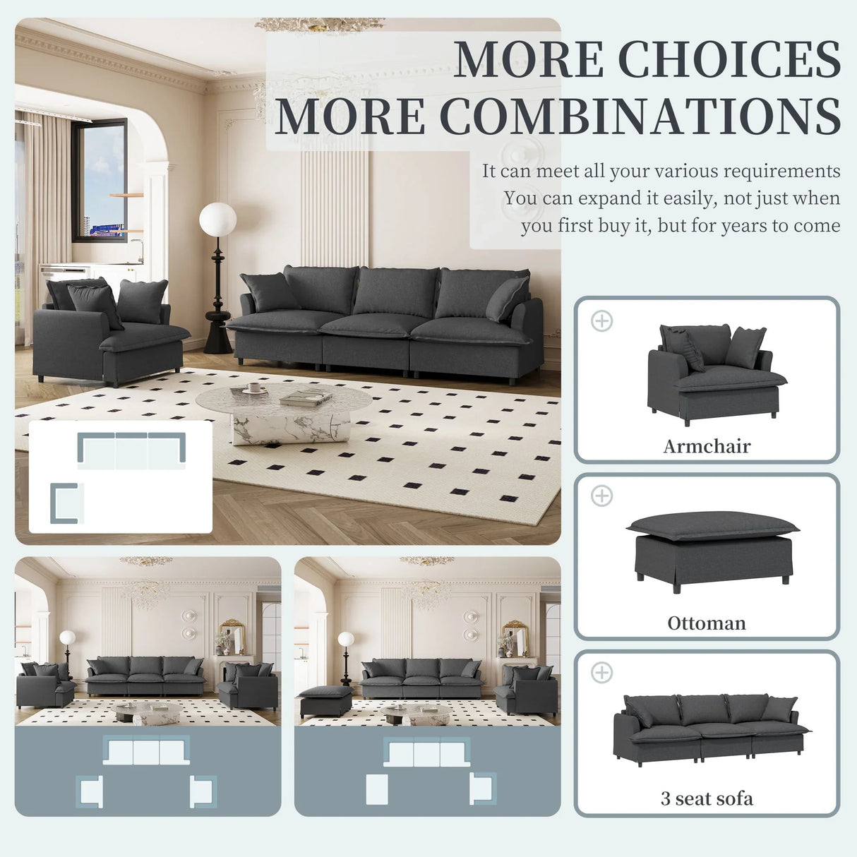 Living Room Set Modular Sectional Couch, Upholstered Sofa & Armchair & Movable Ottoman - Furniture Home Direct