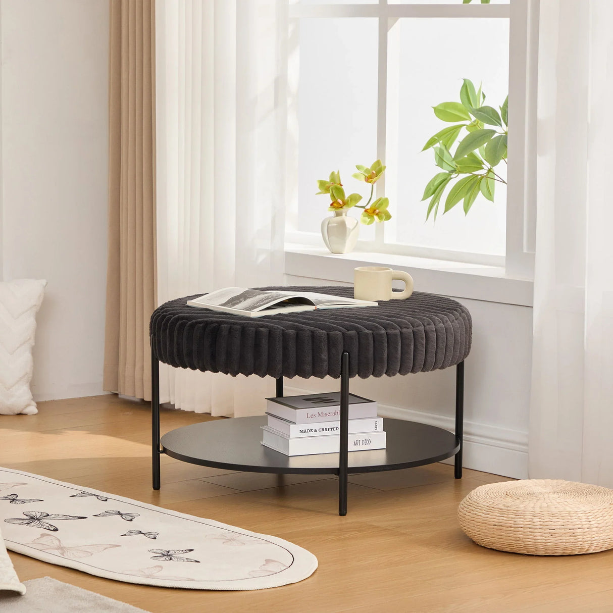 Modern Upholstered Round Ottoman Coffee Table With Storage Shelf - Furniture Home Direct
