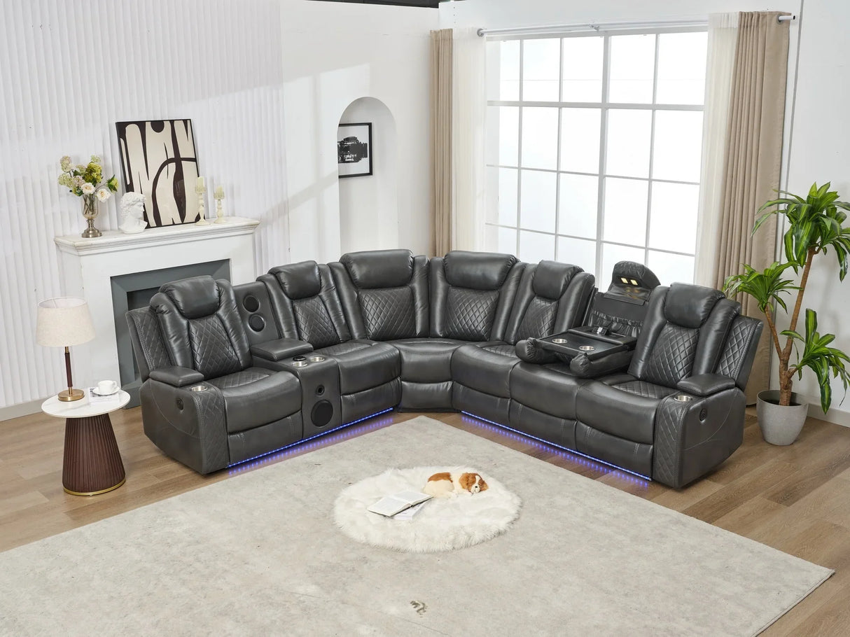 Sectional Sofa Power Reclining Leather With LED Grey - Furniture Home Direct