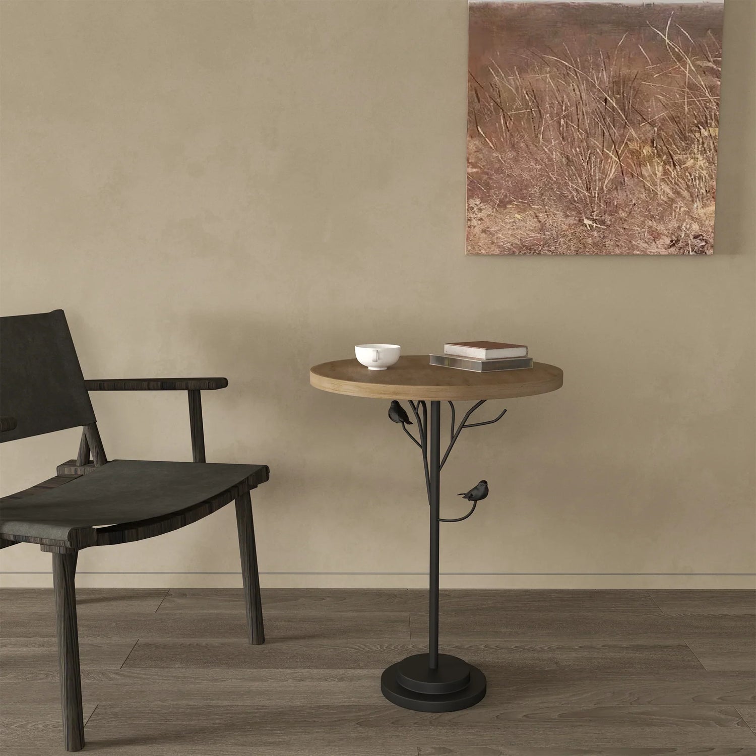 Round Side Table Metal Base With Wooden Top Natural - Furniture Home Direct