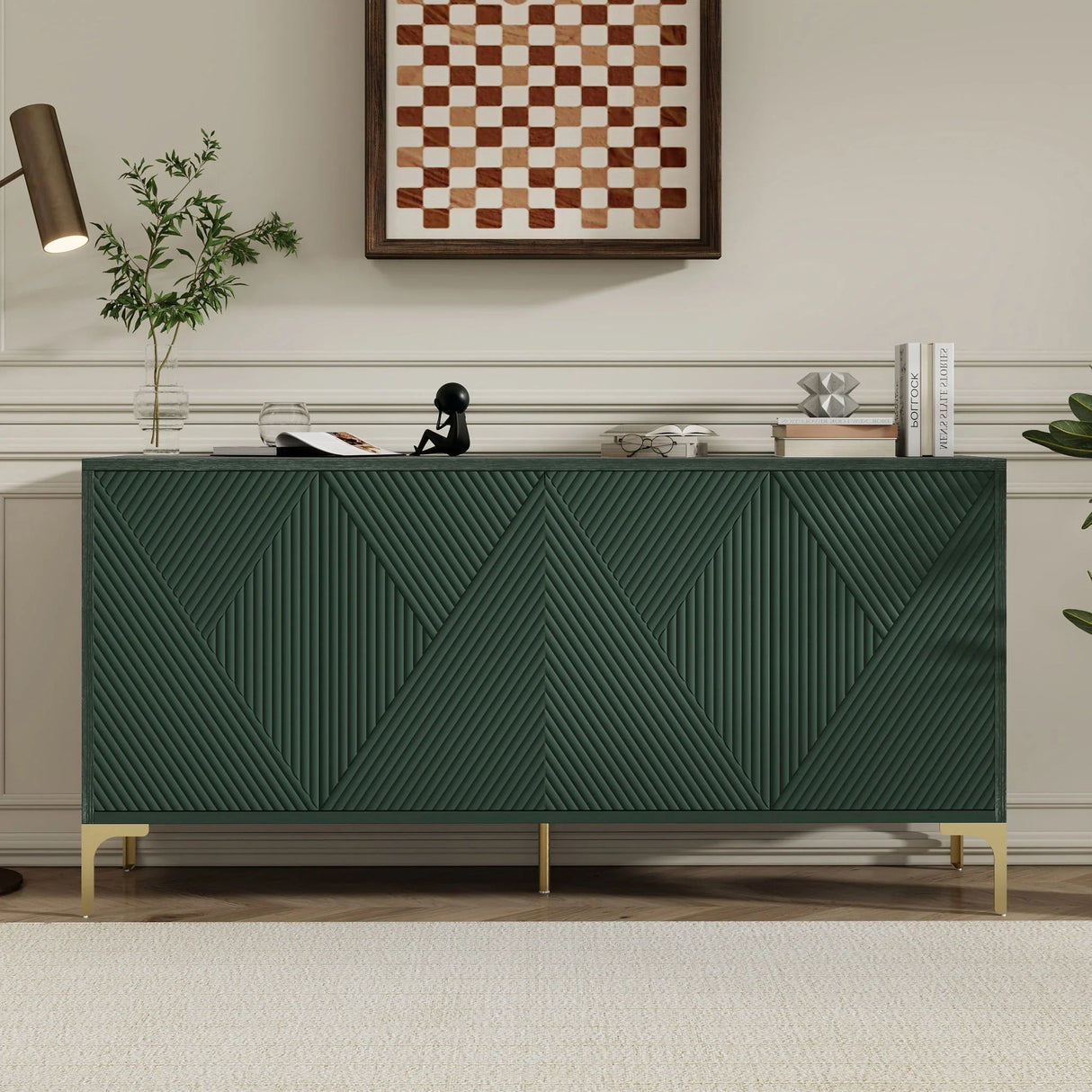 Modern Wood Sideboard Cabinet With Carved Door Panels, Adjustable Shelves, And Sturdy Metal Legs - Furniture Home Direct