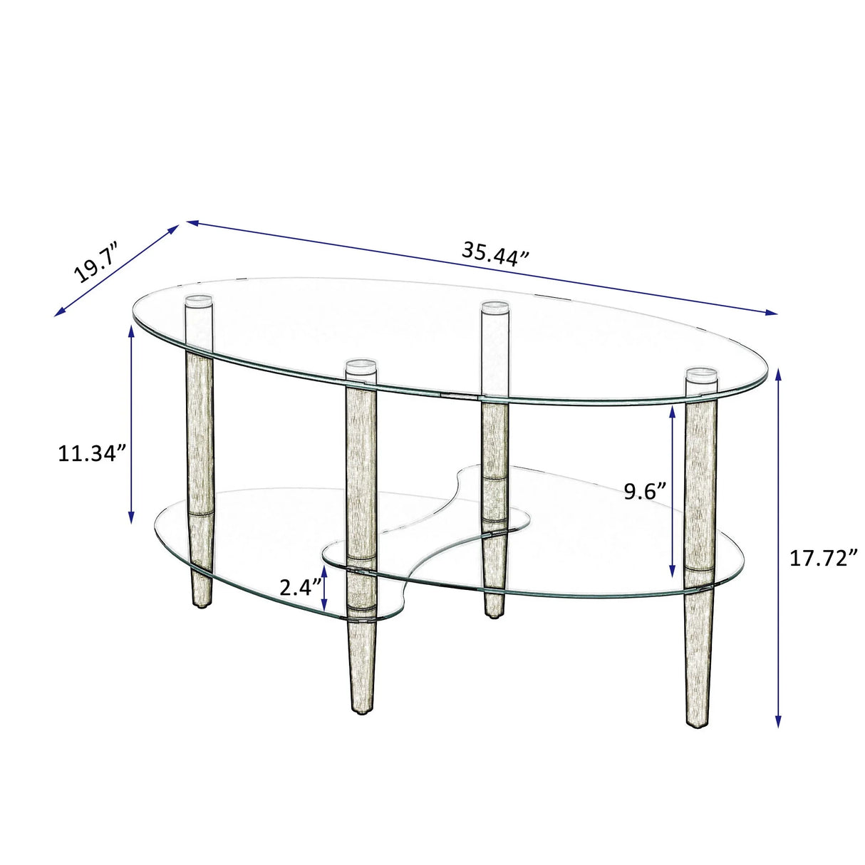 Transparent Oval Glass Coffee Table, Modern Table In Living Room Oak Wood Leg Tea Table 3-Layer Glass Table - Furniture Home Direct