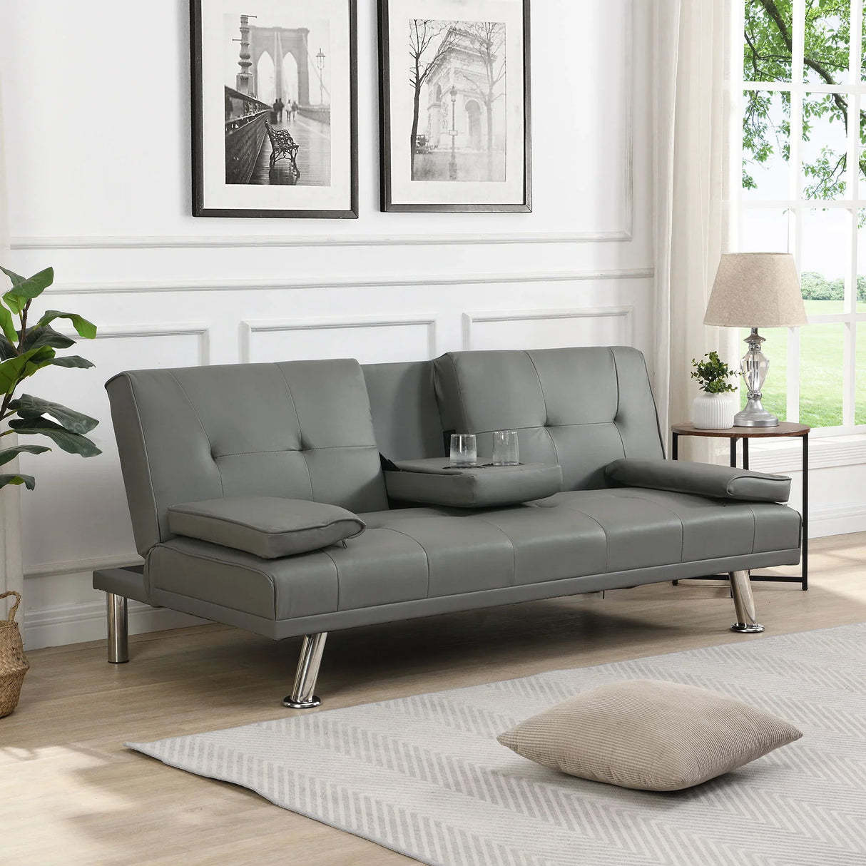 Modern Sofa Bed With Armrest 2 Holders, Wood Frame & Stainless Leg - Furniture Home Direct