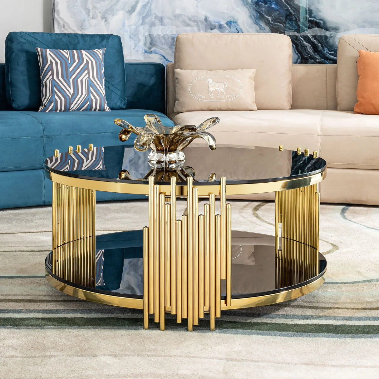 Elegant Round Table With Double Layer Tempered Glass Top And Stainless Steel Frame For Living Room - Furniture Home Direct