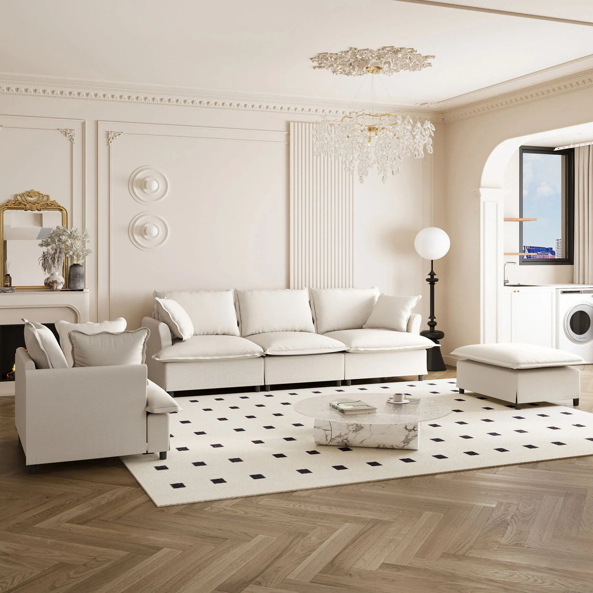 Living Room Set Modular Sectional Couch, Upholstered Sofa & Armchair & Movable Ottoman - Furniture Home Direct