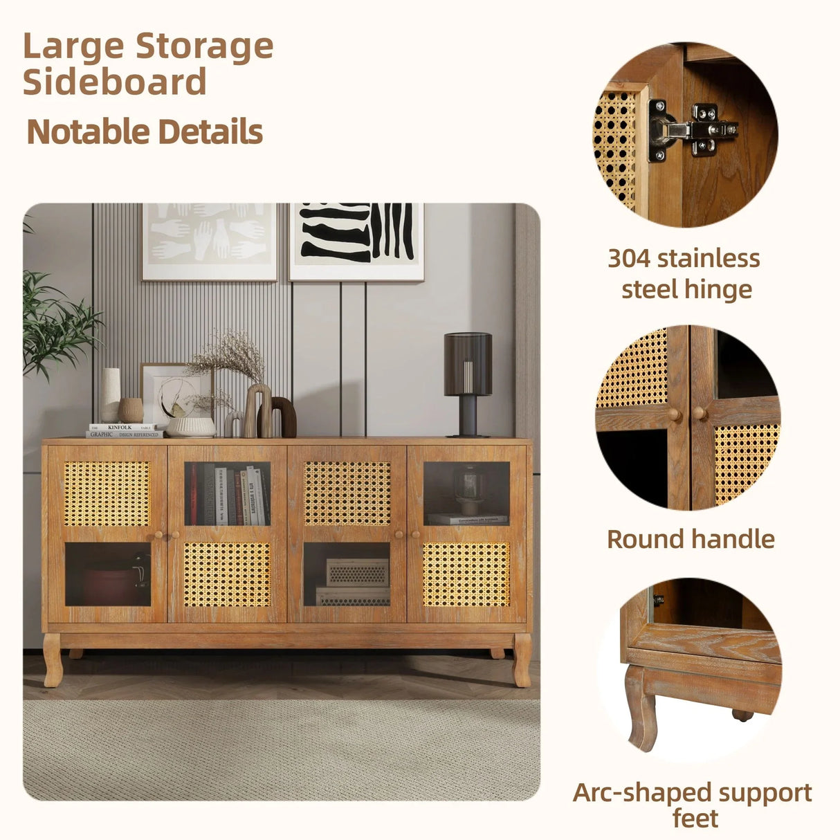 Retro Industrial 4 Door Sideboard With Large Storage, Rattan And Glass Doors - Furniture Home Direct