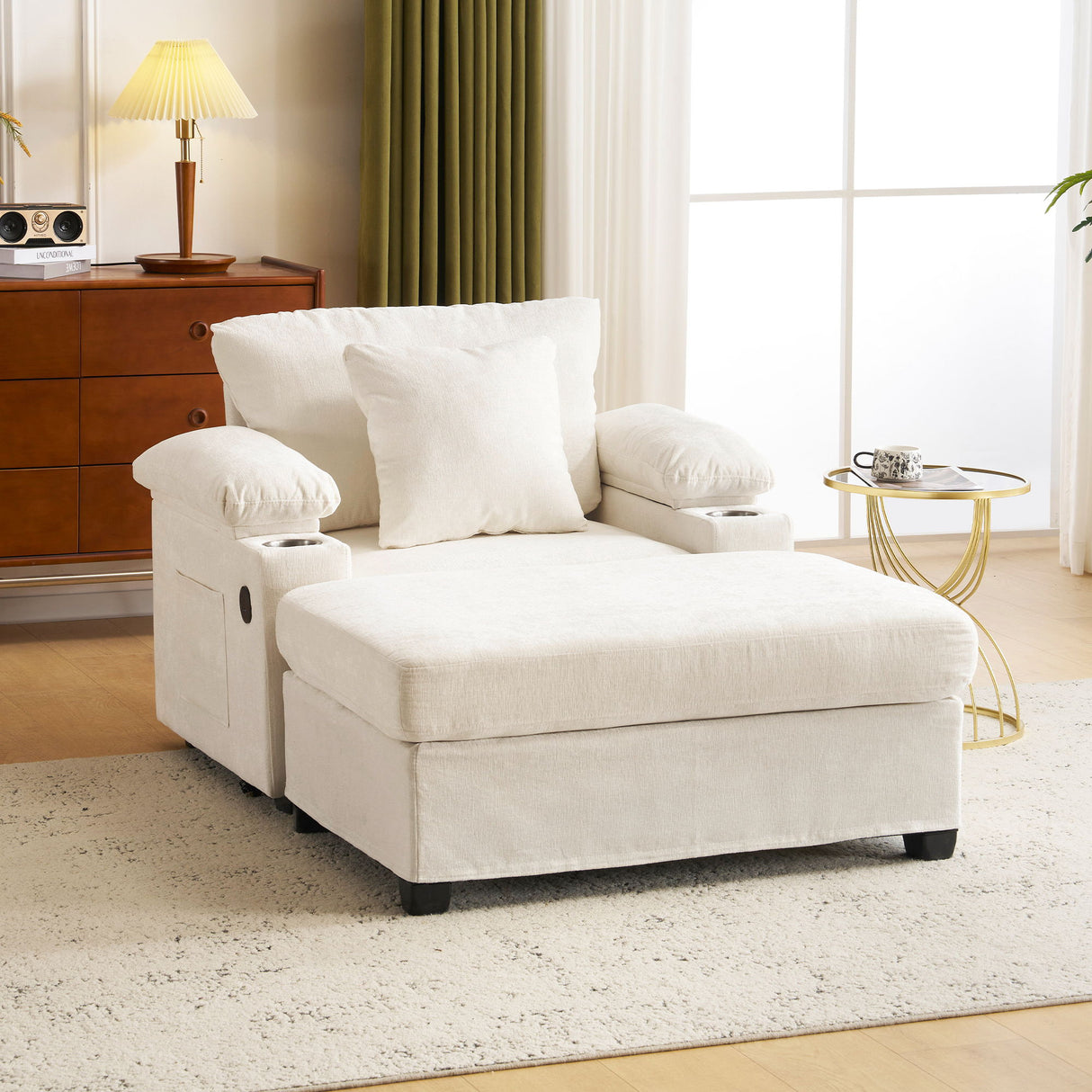 Chenille Fabric Sofa Bed With Cupholders And USB Charging Ports Chair For Living Room