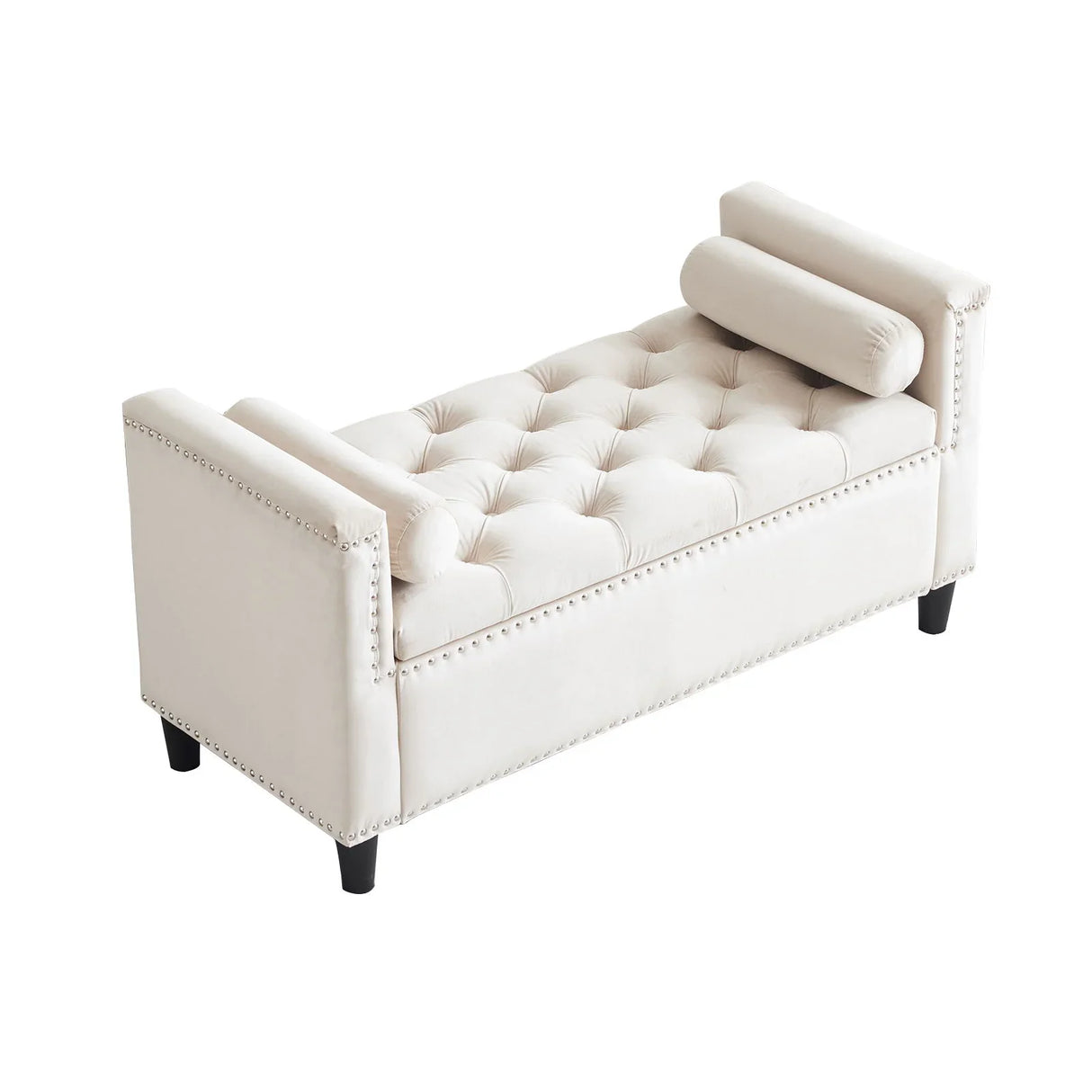 Queen Velvet Button Bedside Storage Bench With Armrests, Nailhead Trim - Furniture Home Direct