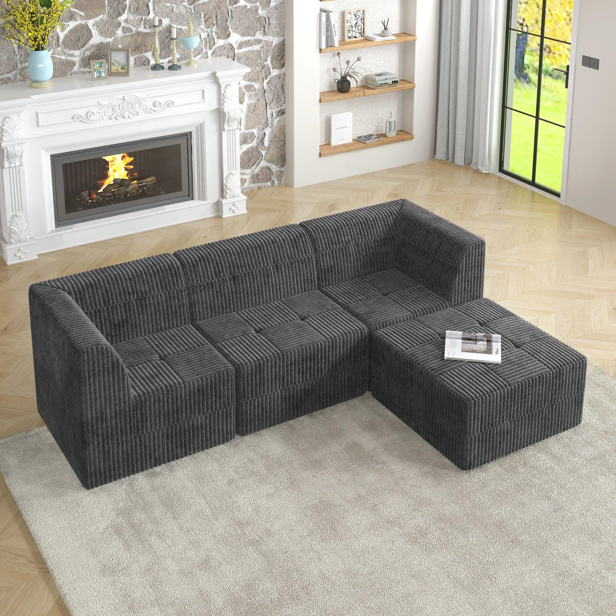 Modern Minimalist L Shape Modular Sectional Sofa, Sleeper Corduroy Couch - Furniture Home Direct