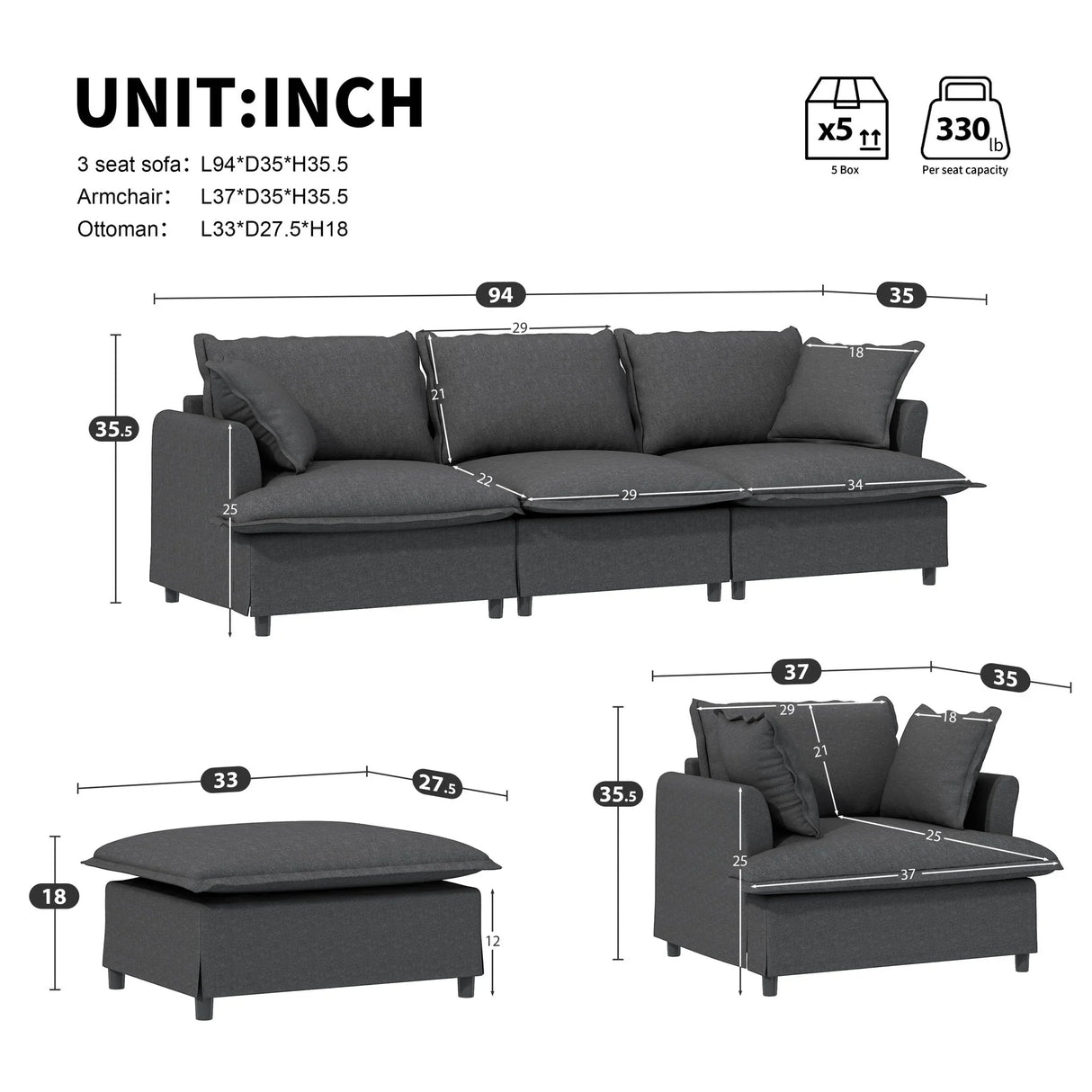 Living Room Set Modular Sectional Couch, Upholstered Sofa & Armchair & Movable Ottoman - Furniture Home Direct