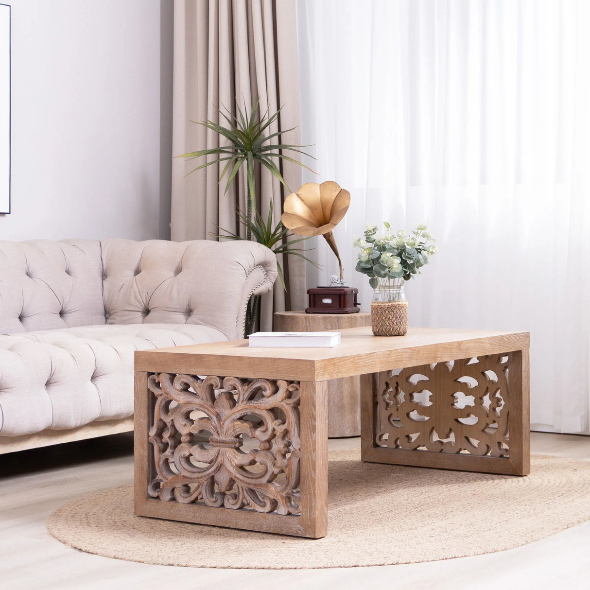 Rustic Carved Wood Coffee Table, Handcrafted Look With Ornate Side Panels - Furniture Home Direct