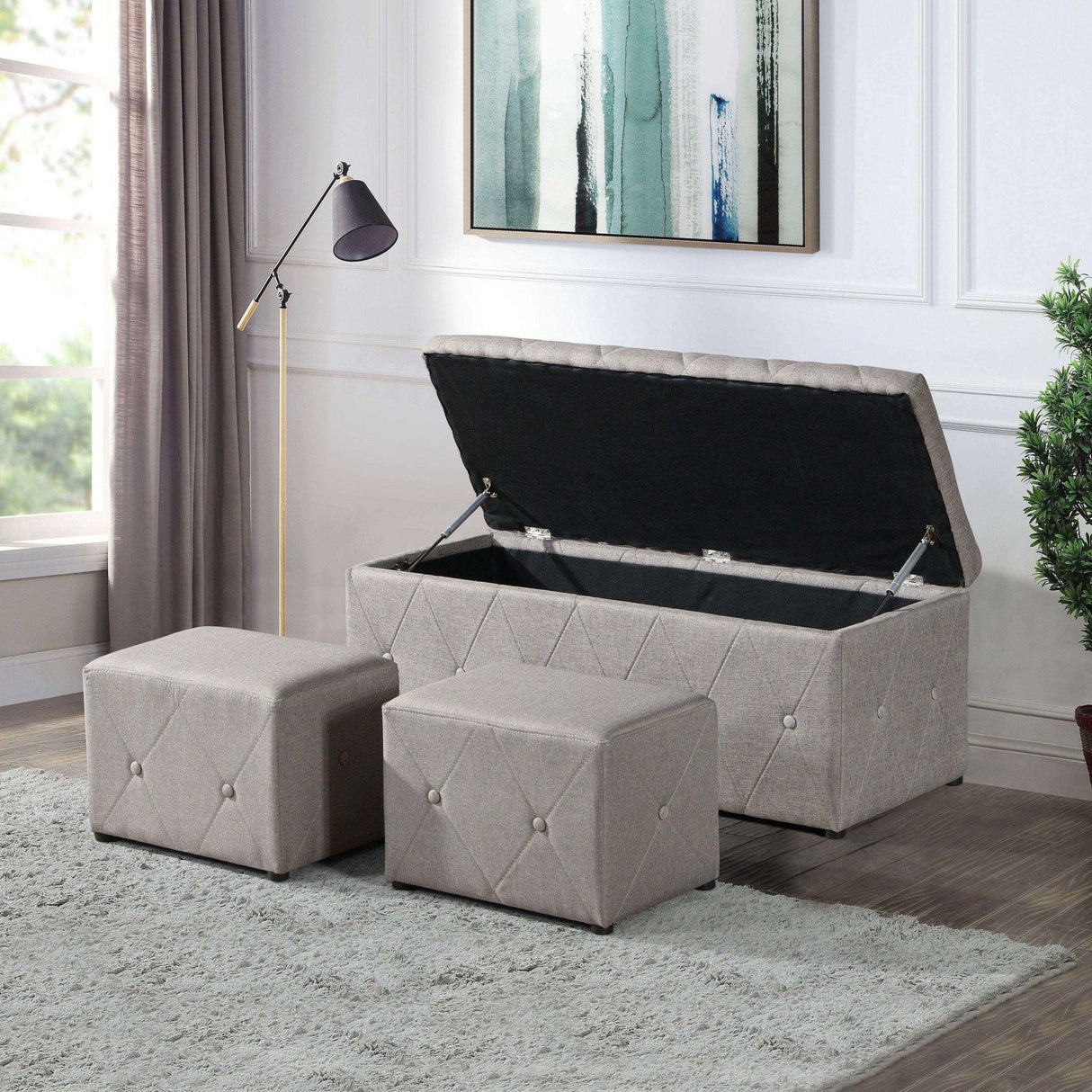 3 Piece Rectangular Storage Ottoman Short Velvet With 2 Set Ottomans - Furniture Home Direct