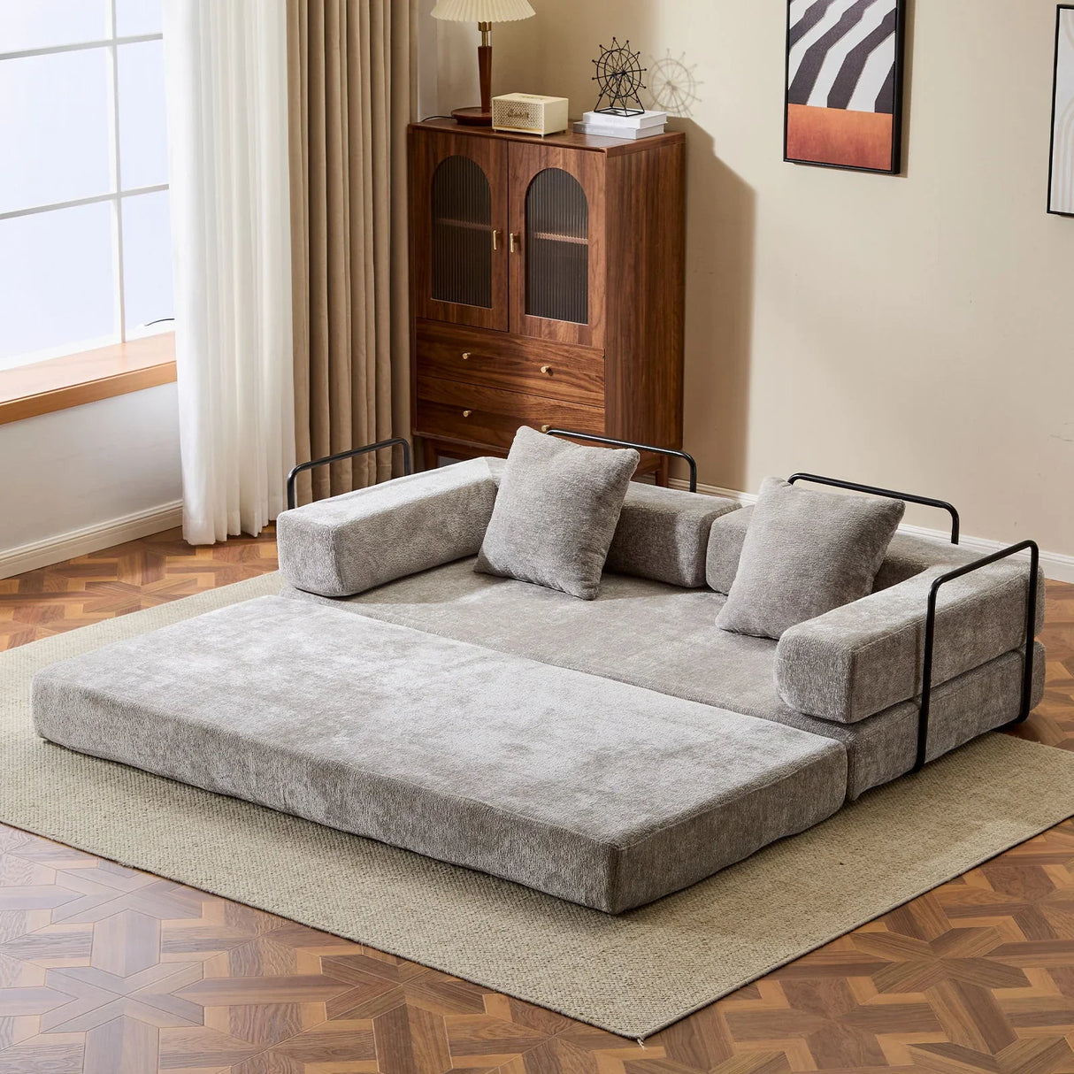 Convertible Floor Sofa Bed With Pillow Back Support Armrest - Furniture Home Direct