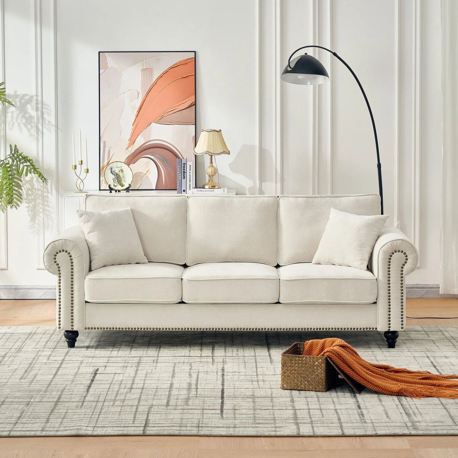 3 Seater Sofa With Tufted Upholstery, Rolled Arms, Nailhead Trim - Furniture Home Direct