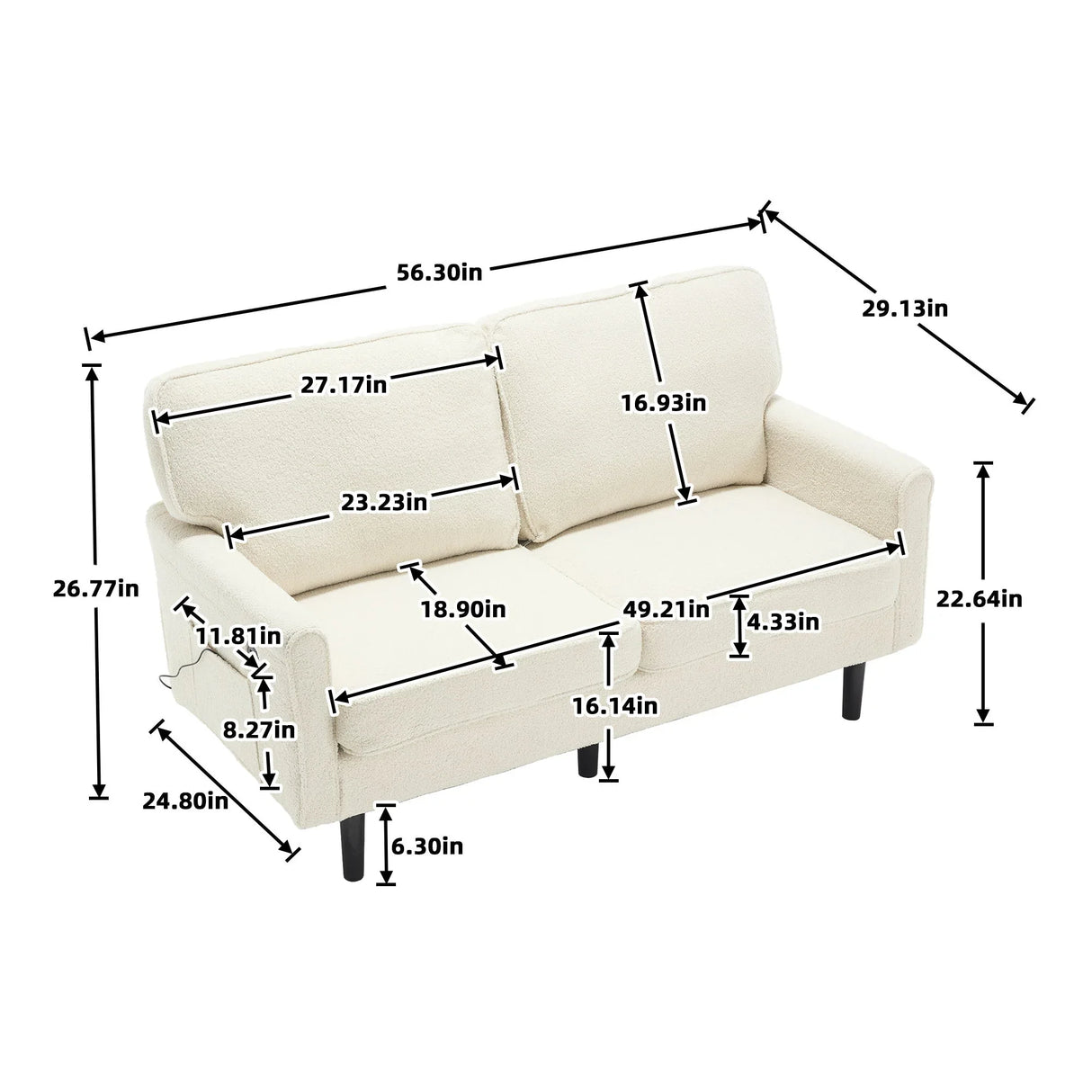Mid Century Modern Loveseat Sofa With USB Ports, Removable Pillow Cover - Furniture Home Direct