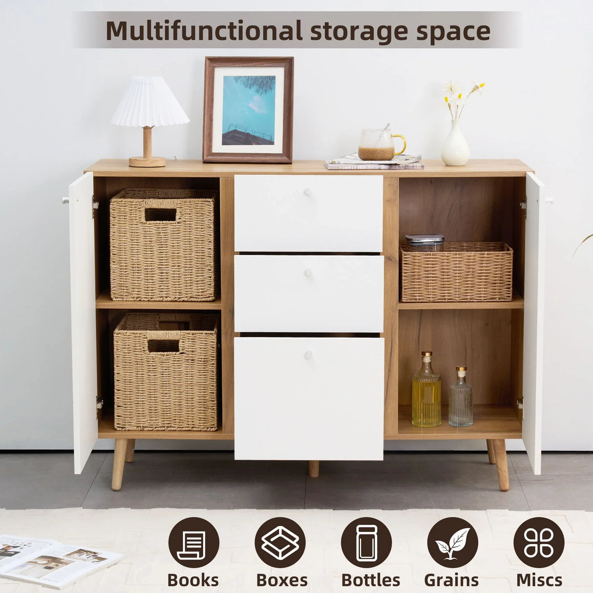 Cabinet With 3 Drawers, 2 Doors With Adjustable Shelves - White - Furniture Home Direct
