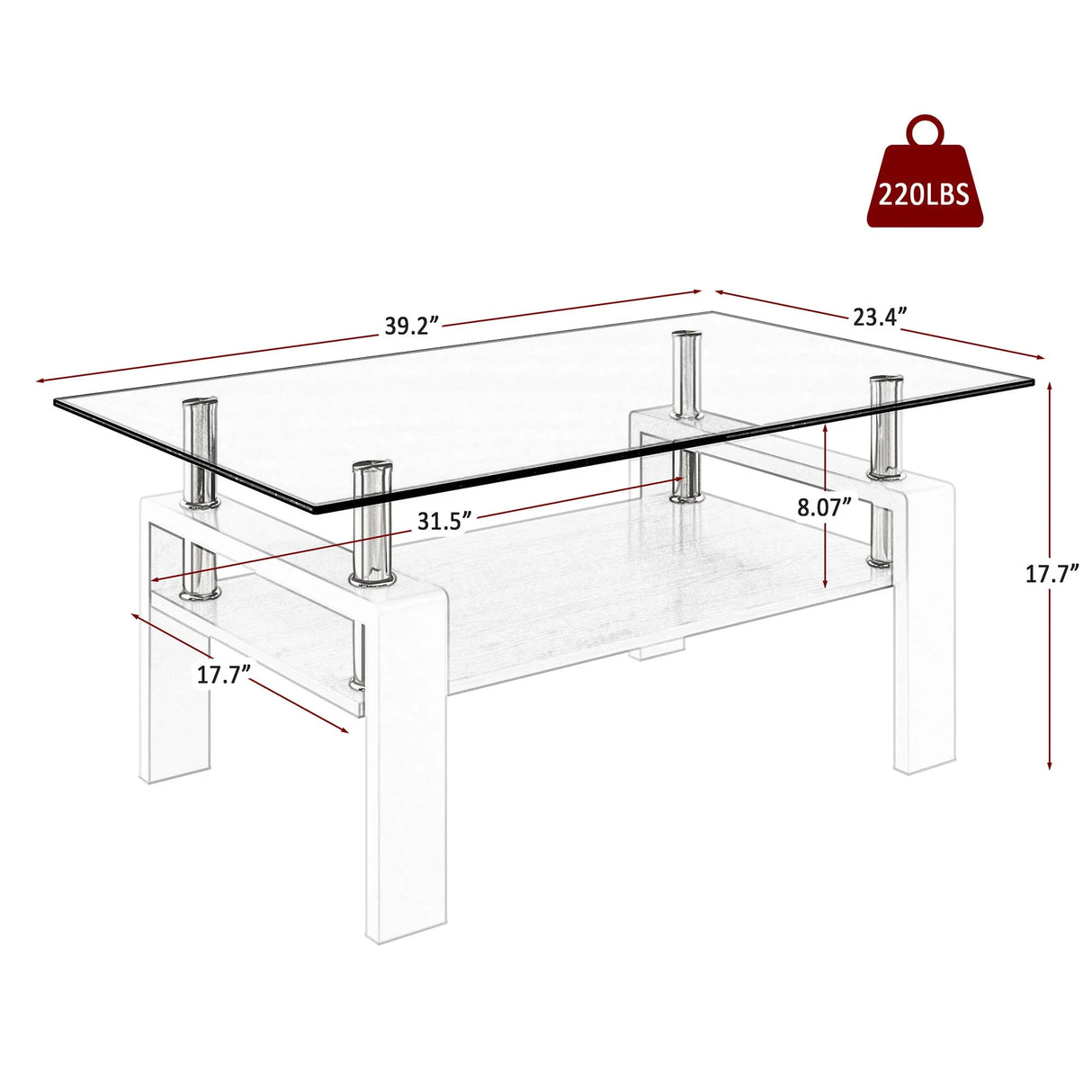 Modern Rectangular Coffee Table With Tempered Transparent Glass Top And Storage Shelf - Furniture Home Direct