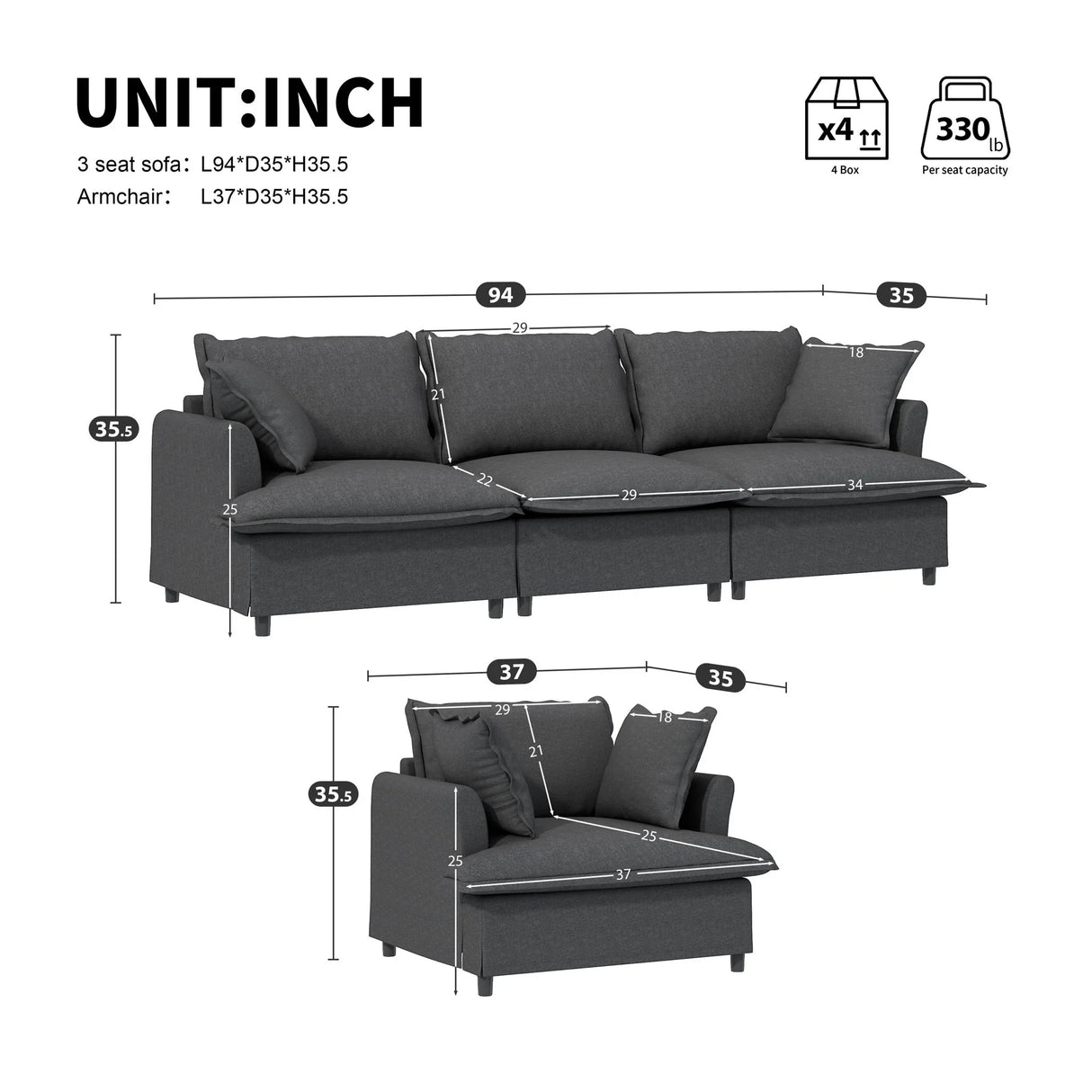 Living Room Set Modular Sectional Couch, Upholstered Sofa & Armchair & Movable Ottoman - Furniture Home Direct