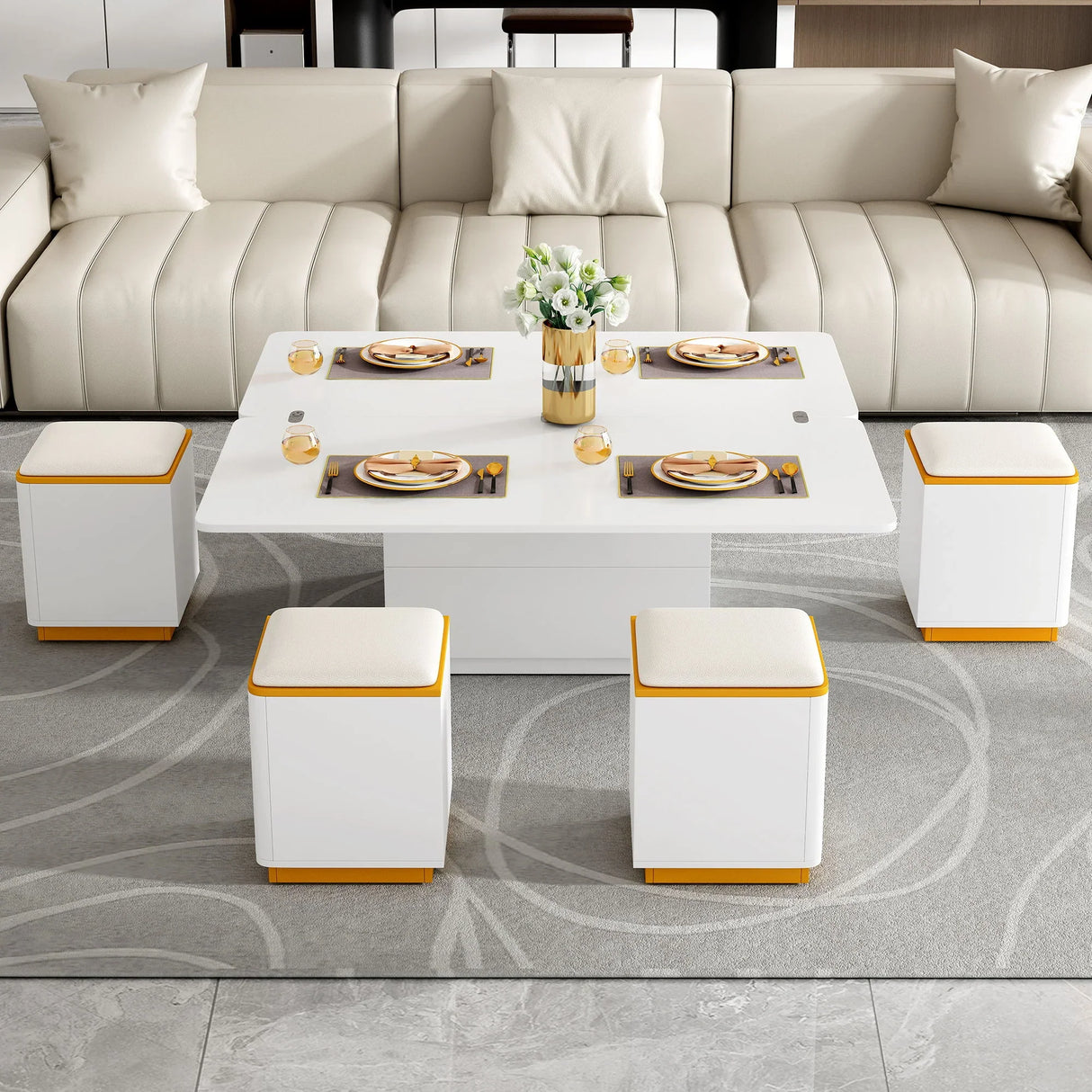 Multi Functional Adjustable Coffee Table With 4 Storage Stools - Furniture Home Direct
