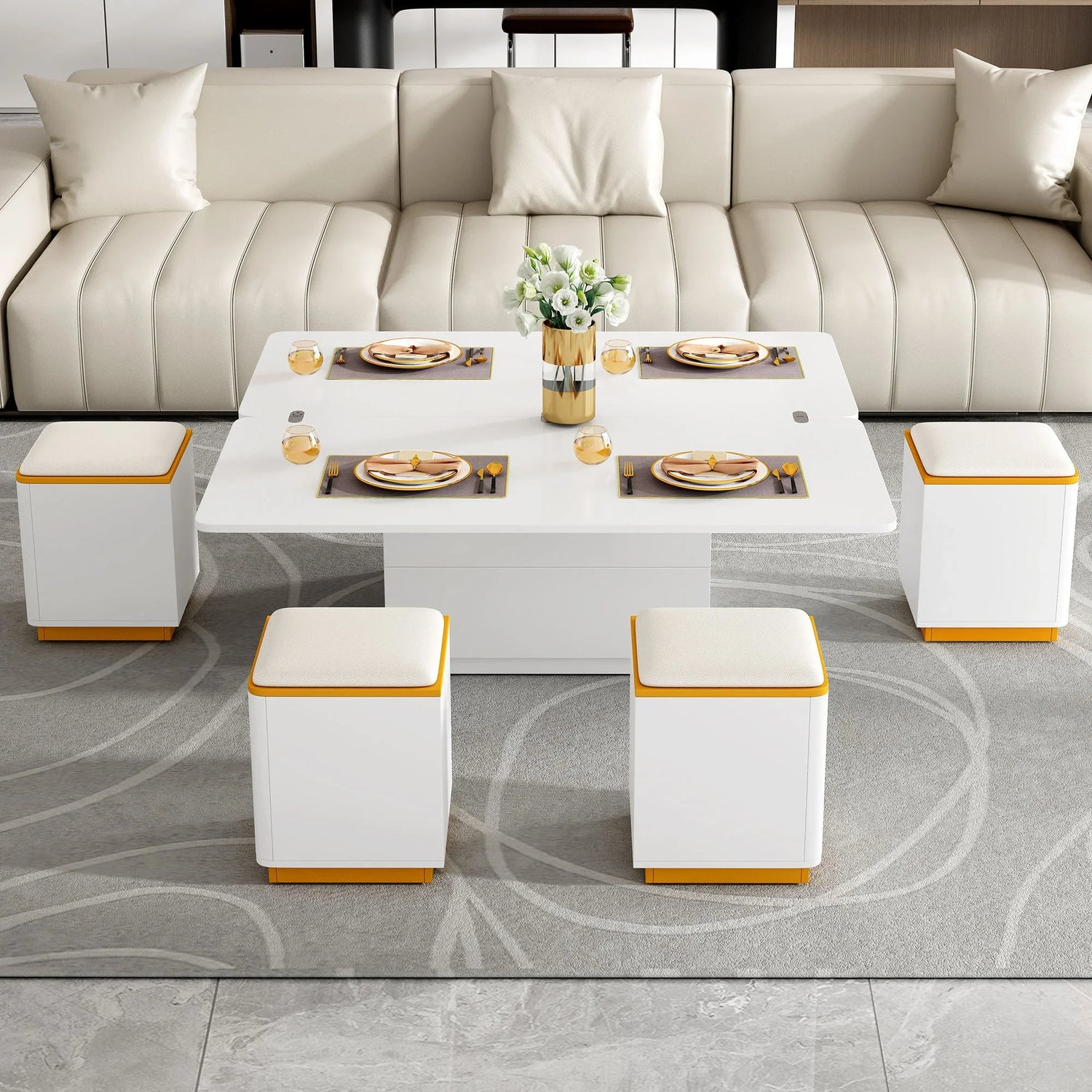 Multi Functional Adjustable Coffee Table With 4 Storage Stools - Furniture Home Direct